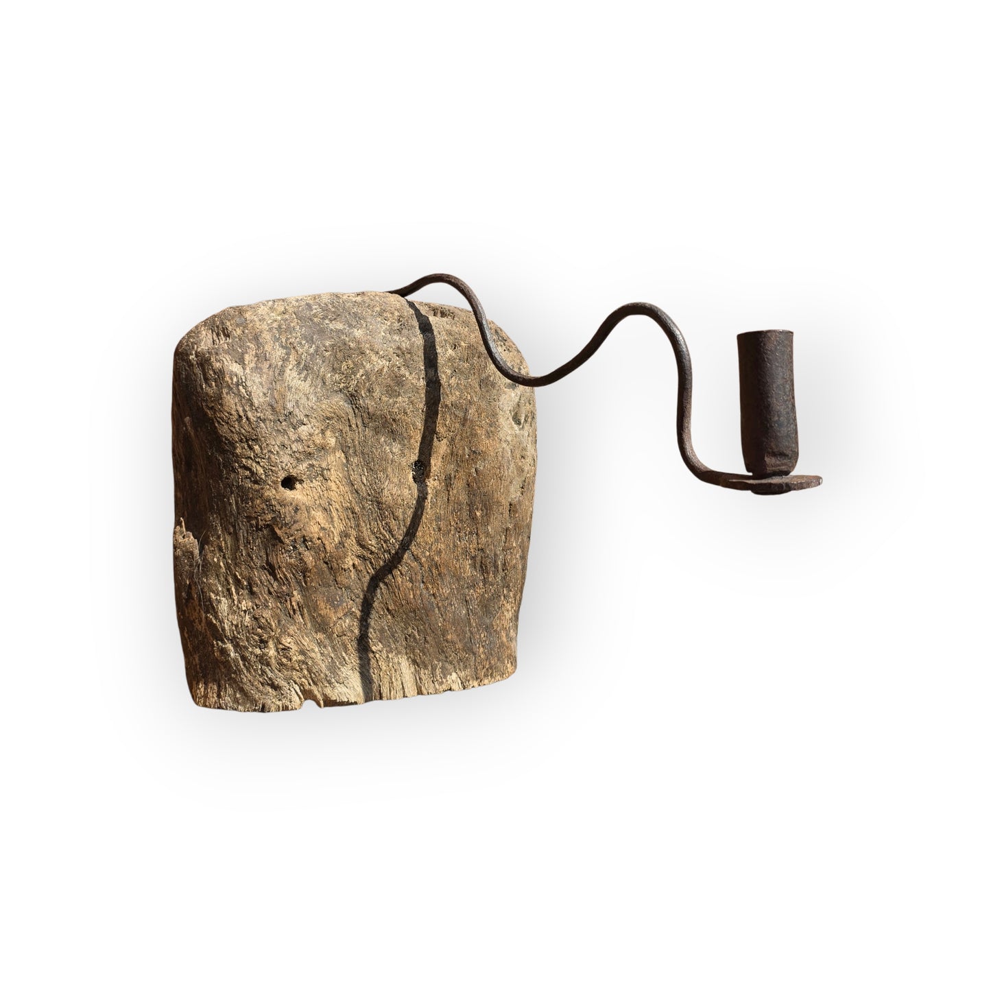 18th‑Century English Antique Wrought‑Iron Candleholder on Wooden Block