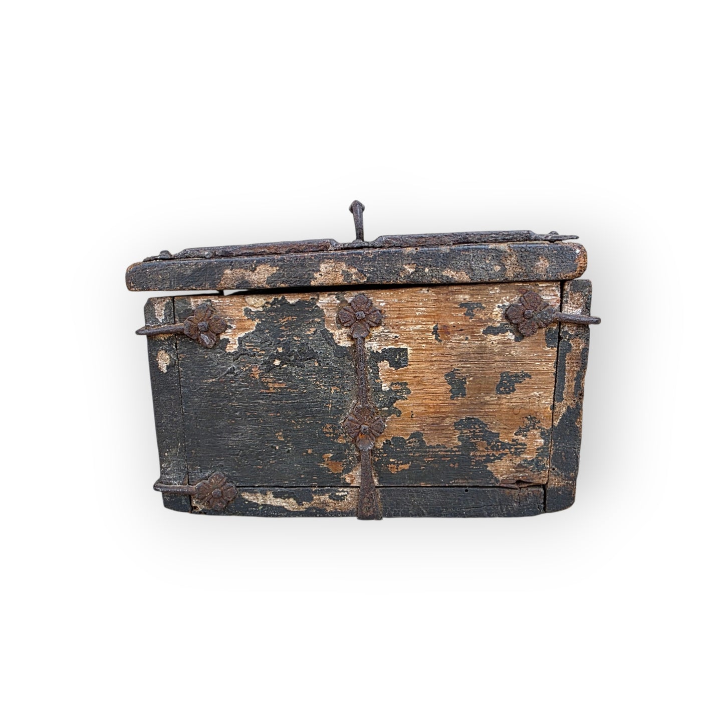 A Time-Worn Diminutive 16th/Early 17th Century Antique Iron-Bound Missal Box or Coffrets de Messager with Traces of Original Paint, Probably German or French