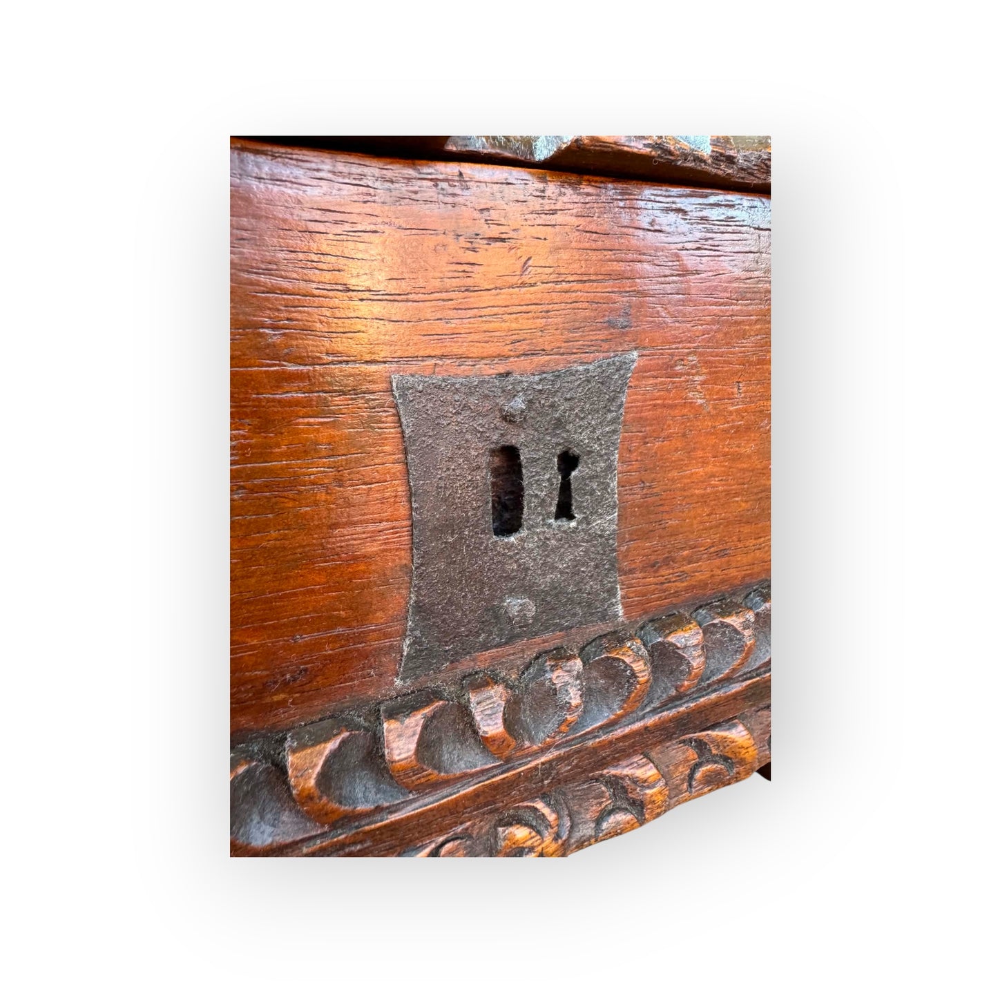 A Rare 17th Century Continental Antique Carved Walnut Table Casket with Original Ironwork, circa 1650