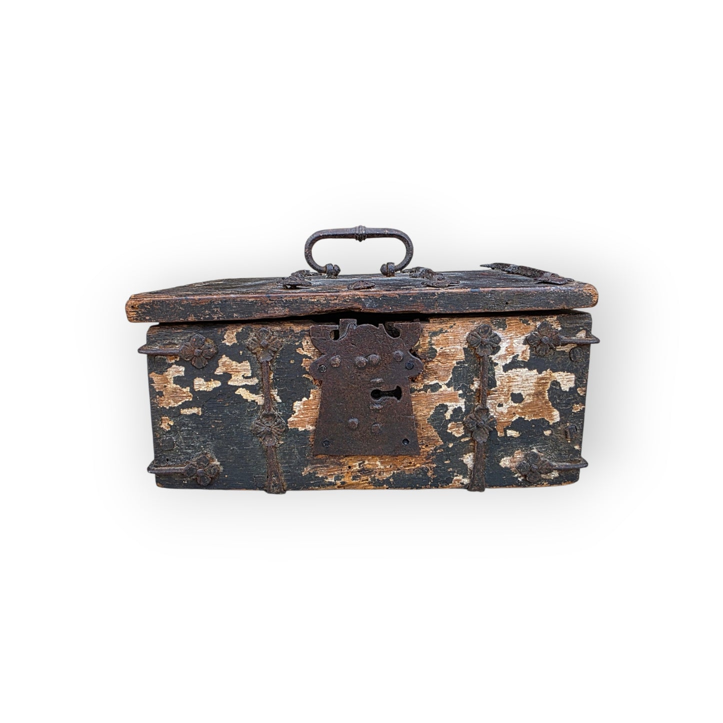 A Time-Worn Diminutive 16th/Early 17th Century Antique Iron-Bound Missal Box or Coffrets de Messager with Traces of Original Paint, Probably German or French