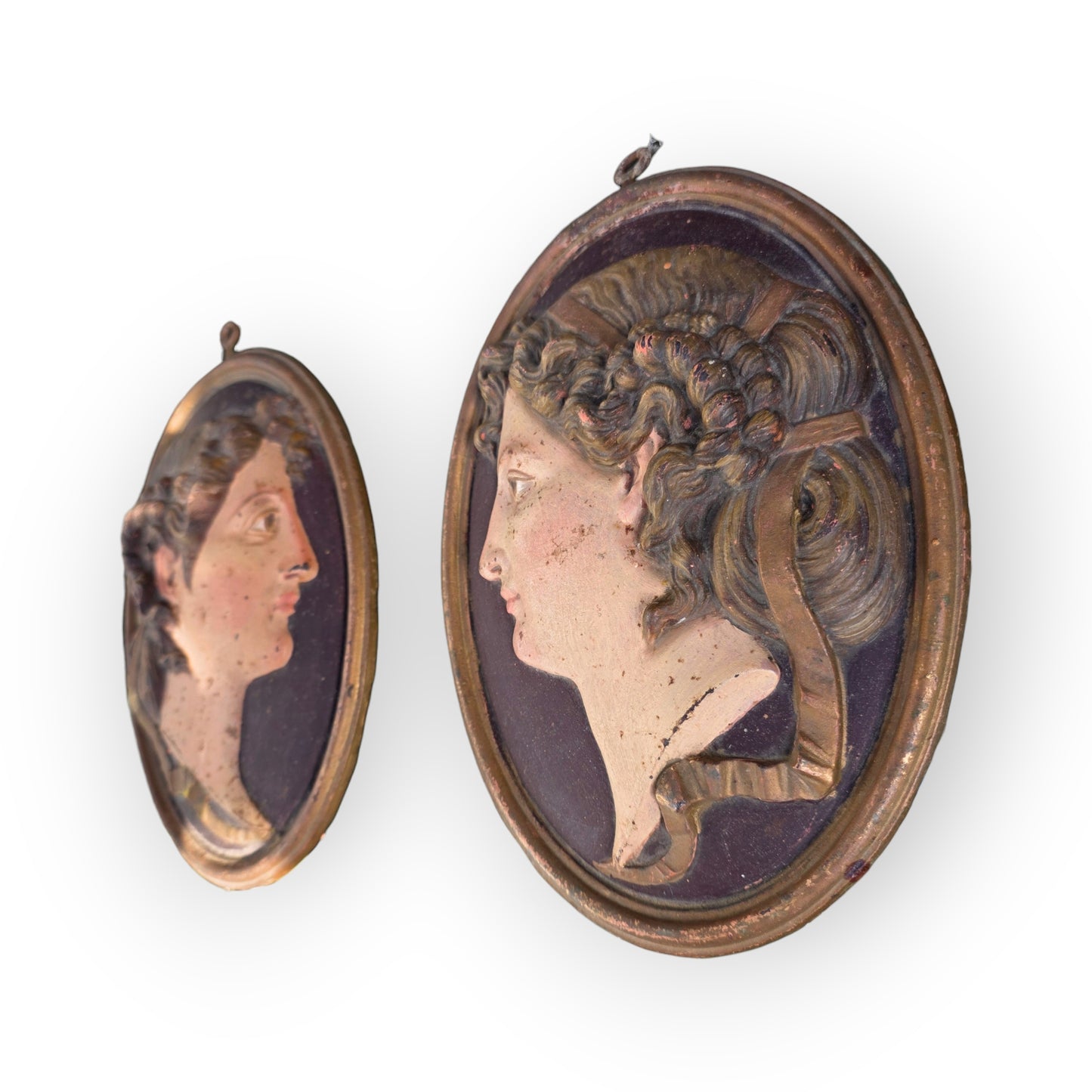 Pair of 19th Century "Grand Tour" Antique Polychrome Cast Iron Relief Plaques of Classical Maidens, Continental, Probably French, circa 1850-1875