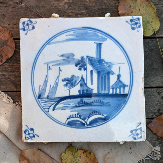 18th‑Century Dutch Antique Delft Blue Landscape Tile, circa 1740-1760