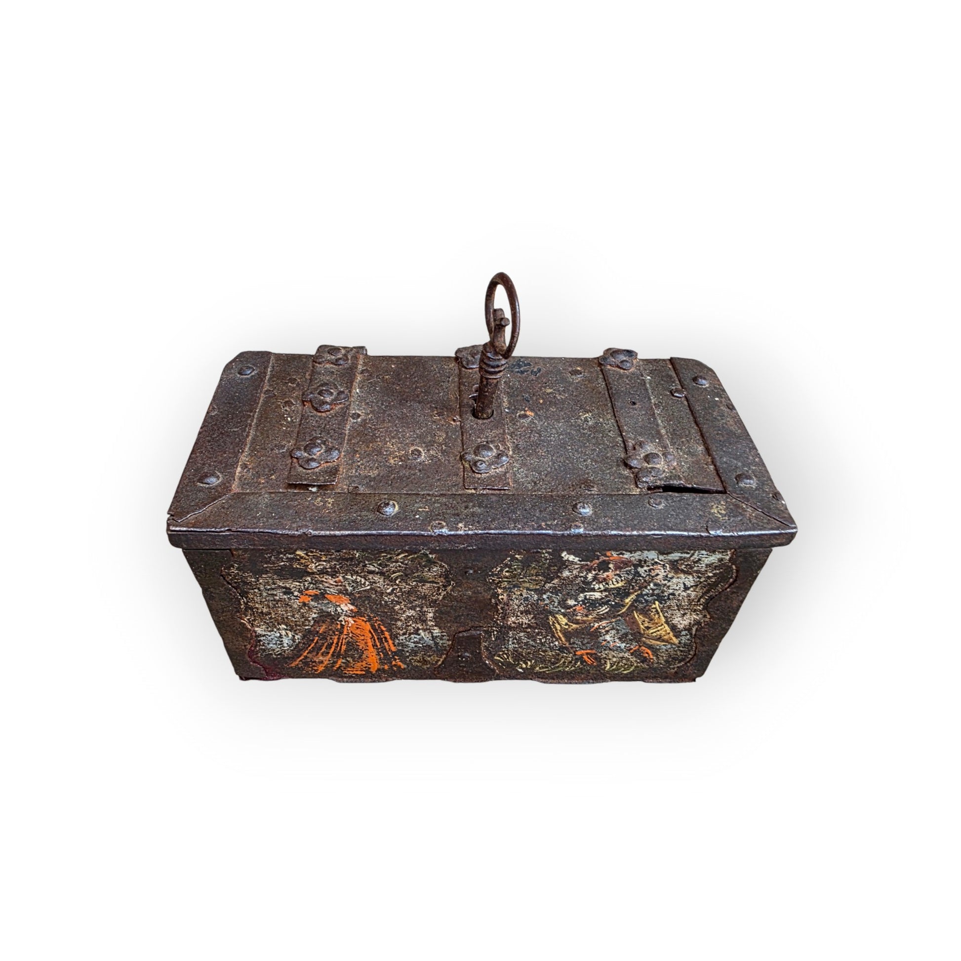 Top view of a Nuremberg iron casket showing the strapwork banding and hinges to the lid and key