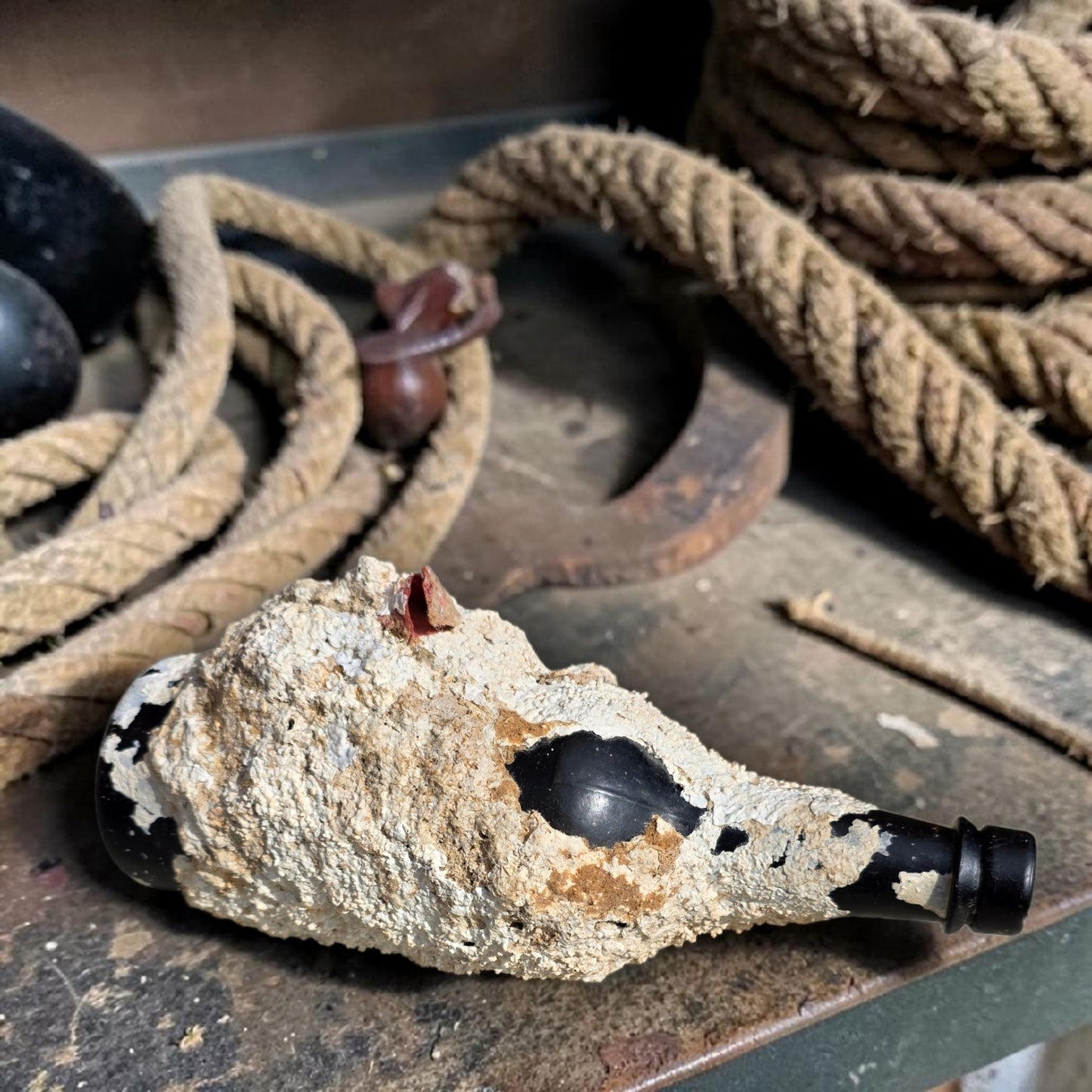 Shipwreck-Recovered English Antique Black Glass Cylinder Bottle with Marine Concretion, c.1840