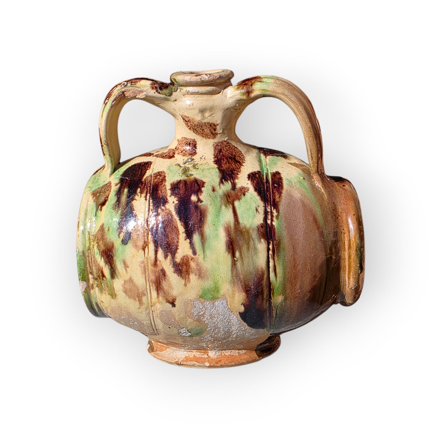 A Rare 17th Century French Saintonge Lead-Glazed Earthenware Costrel, Attributed to La Chapelle-des-Pots, With Applied Mask and Eagle Medallions, Circa 1600-1650
