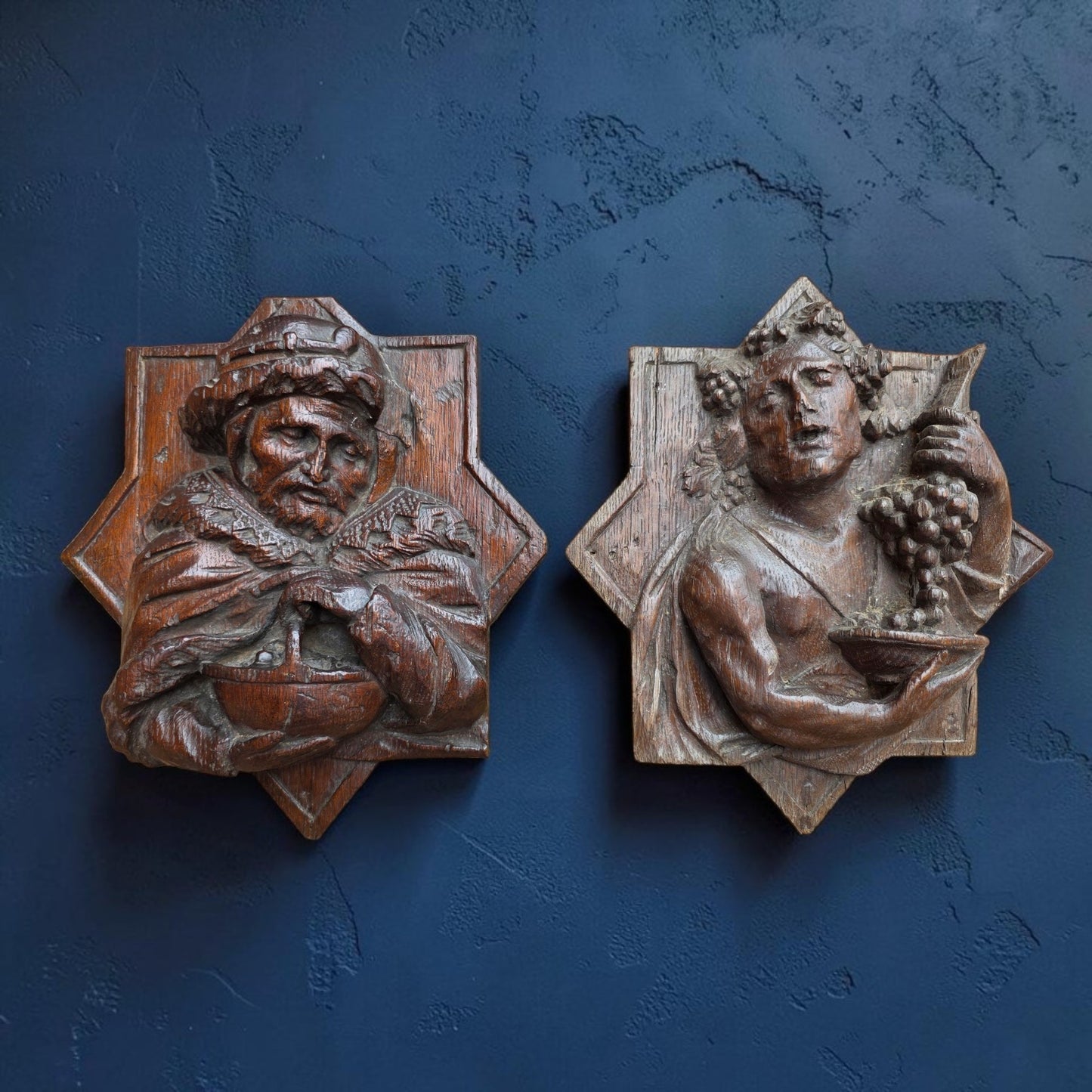 Pair of Mid 17th Century Flemish Antique Carved Oak Bosses / Panels Depicting Autumn & Winter