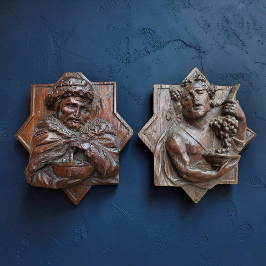 Pair of Mid 17th Century Flemish Antique Carved Oak Bosses / Panels Depicting Autumn & Winter