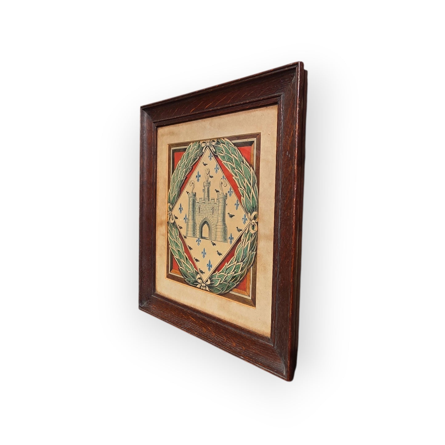 19th Century Antiquarian Heraldic Watercolour — Castle, Fleurs-de-Lis & Crows, Presented in an Oak Frame