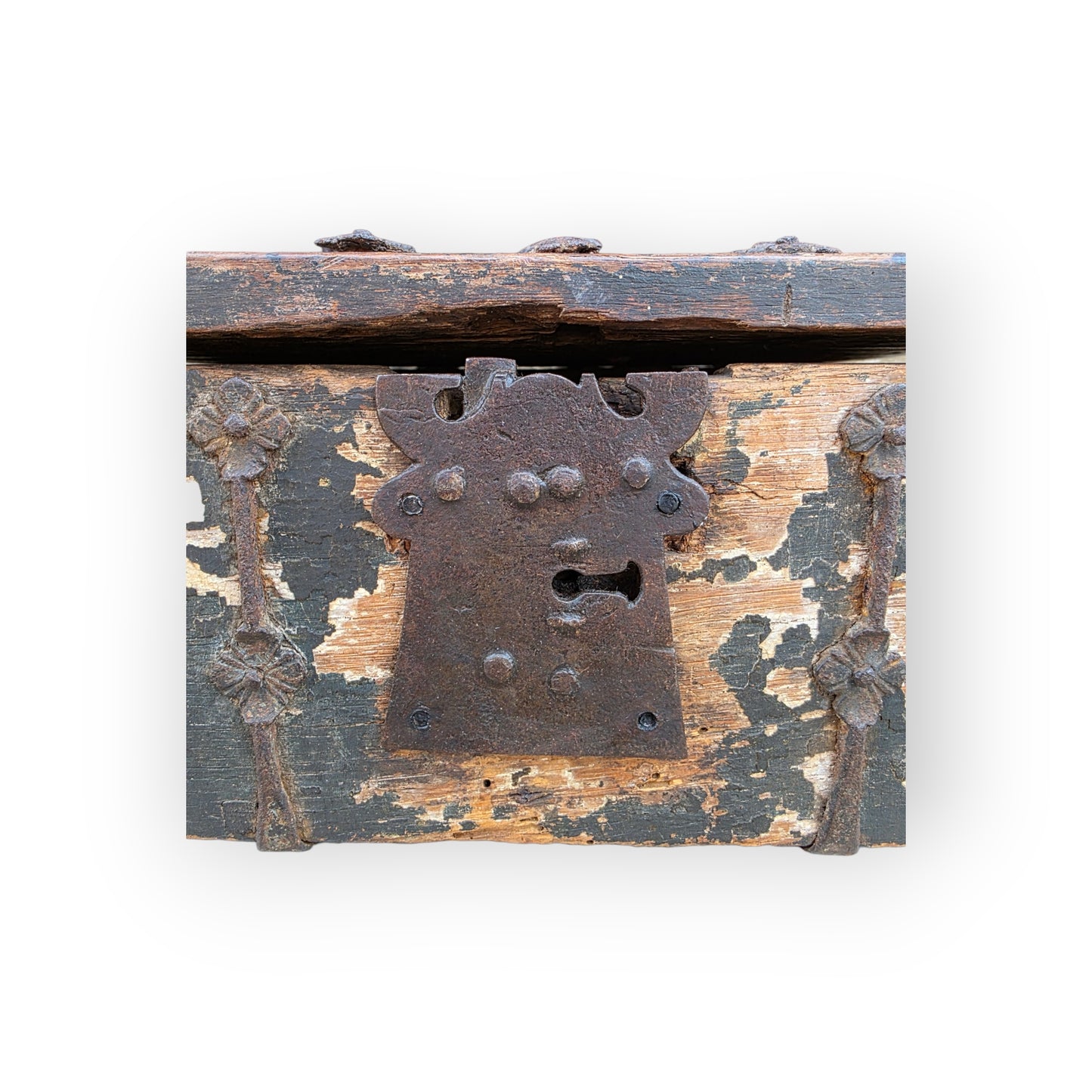 A Time-Worn Diminutive 16th/Early 17th Century Antique Iron-Bound Missal Box or Coffrets de Messager with Traces of Original Paint, Probably German or French