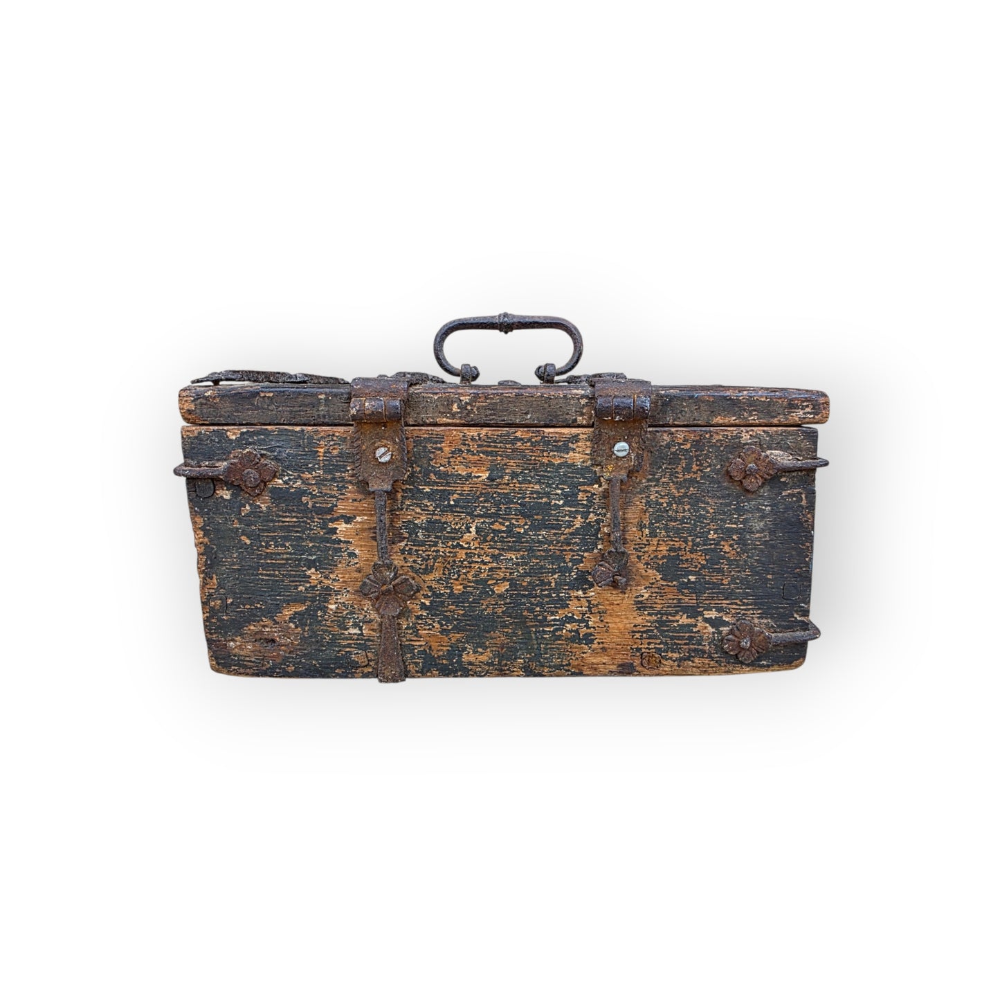 A Time-Worn Diminutive 16th/Early 17th Century Antique Iron-Bound Missal Box or Coffrets de Messager with Traces of Original Paint, Probably German or French