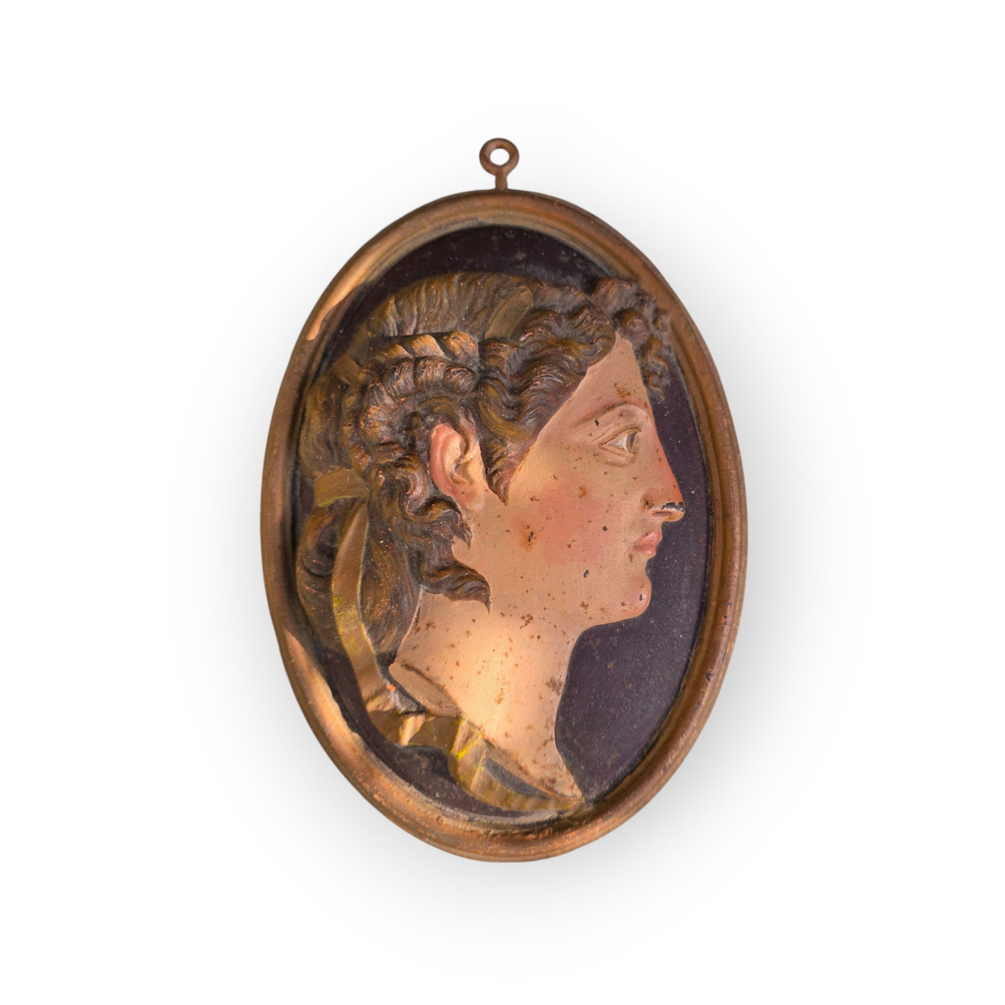 Pair of 19th Century "Grand Tour" Antique Polychrome Cast Iron Relief Plaques of Classical Maidens, Continental, Probably French, circa 1850-1875