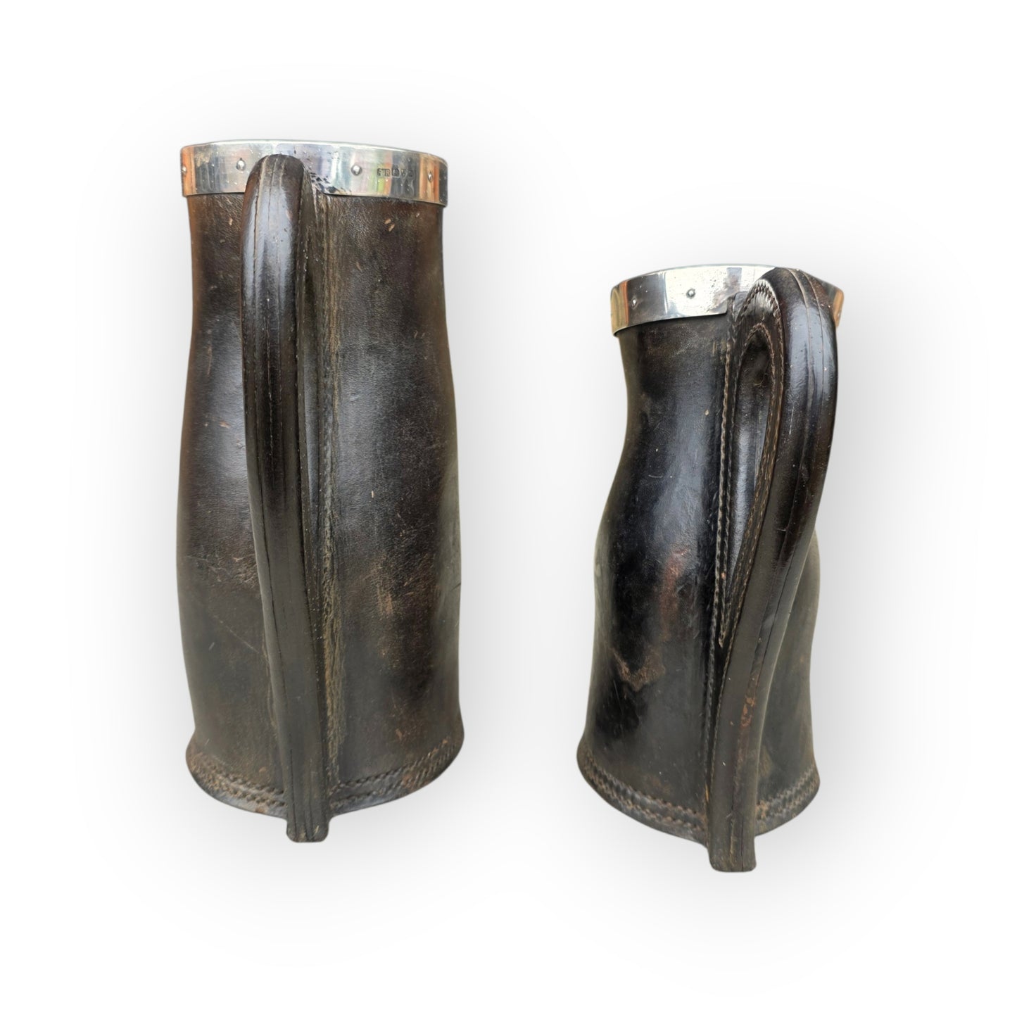 A Graduated Pair of Antique Silver-Mounted Leather Blackjacks by Frederick James Ross of Winchester, Chester Hallmarks, c.1905–06