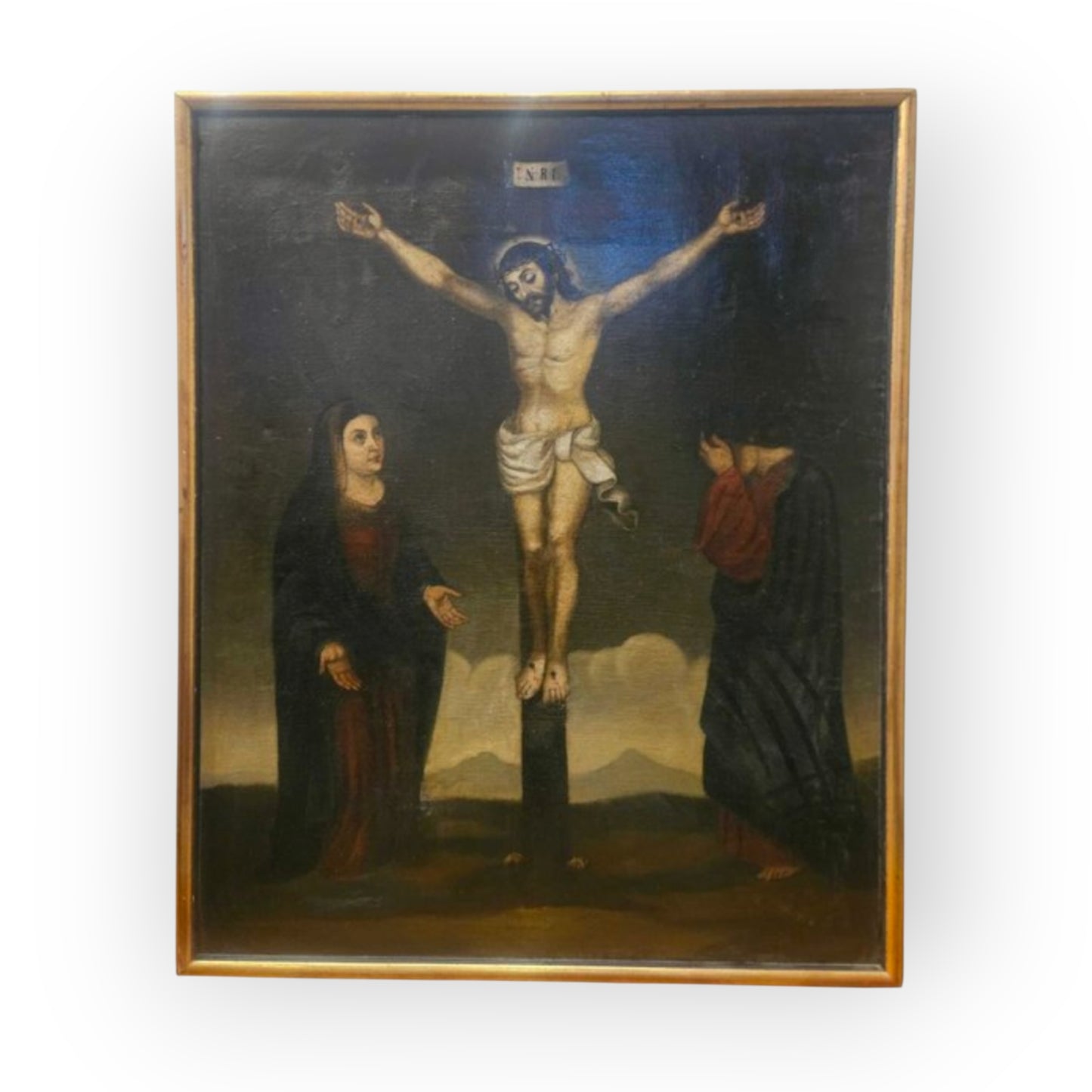 Large Late 17th/Early 18th-Century Spanish School Oil on Canvas, "The Crucifixion" — Christ on the Cross with the Virgin and Saint John