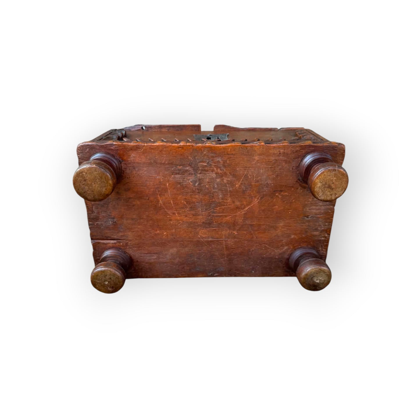 A Rare 17th Century Continental Antique Carved Walnut Table Casket with Original Ironwork, circa 1650
