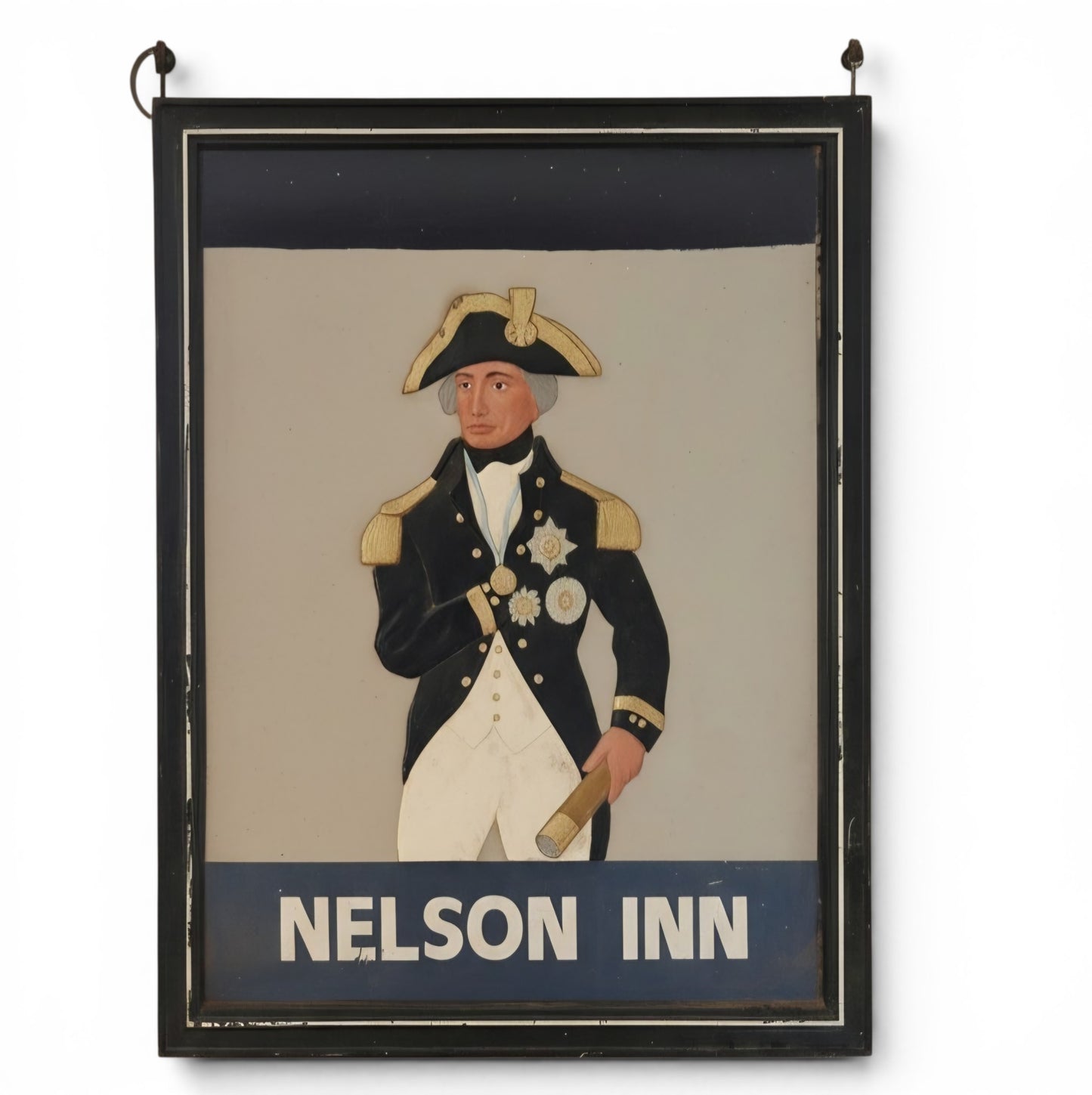 A Fine, Large, Double-Sided English Painted and Relief-Moulded Pub Sign for the Nelson Inn