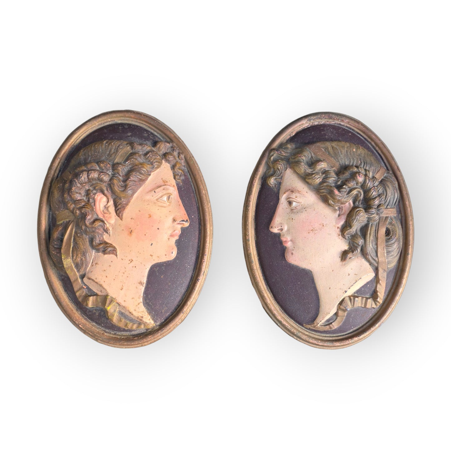 Pair of 19th Century "Grand Tour" Antique Polychrome Cast Iron Relief Plaques of Classical Maidens, Continental, Probably French, circa 1850-1875