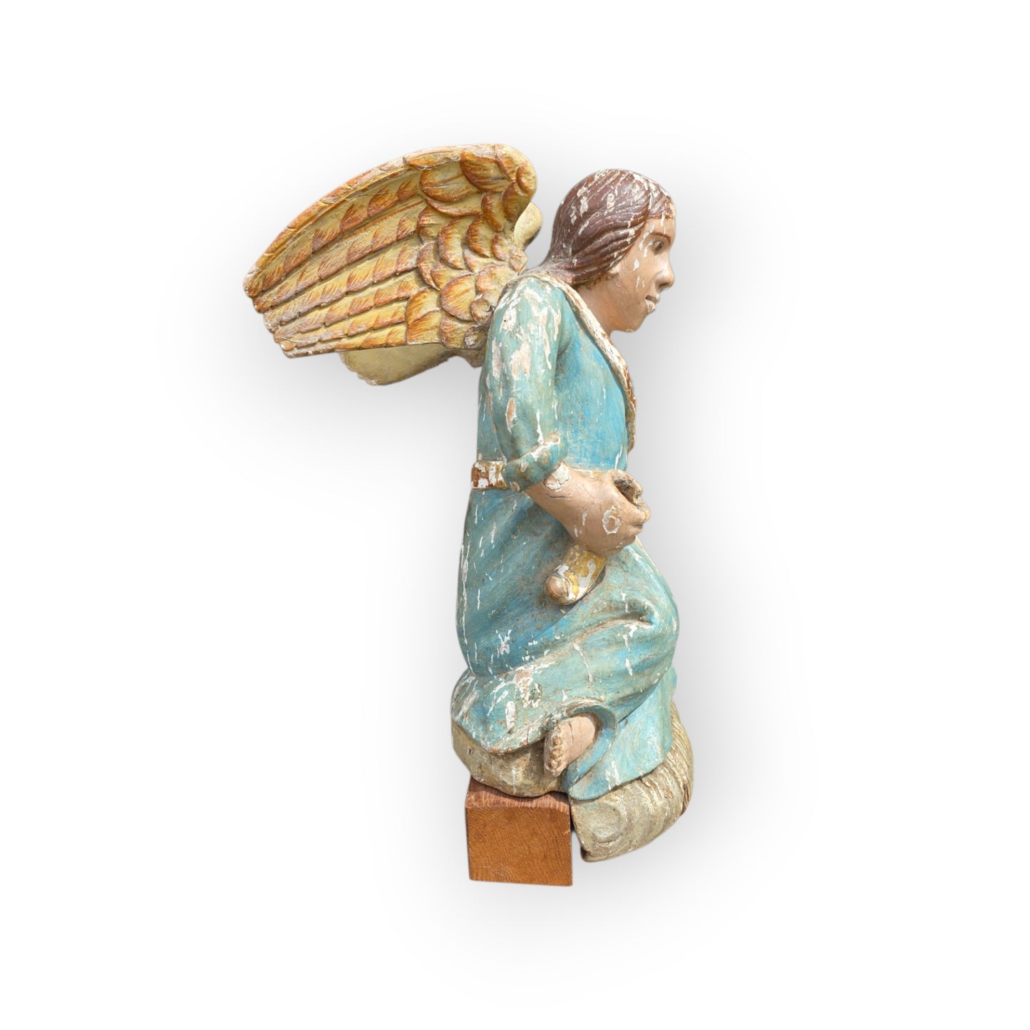 Early 18th Century Baroque Antique Carved Wooden Angel in Original Polychrome