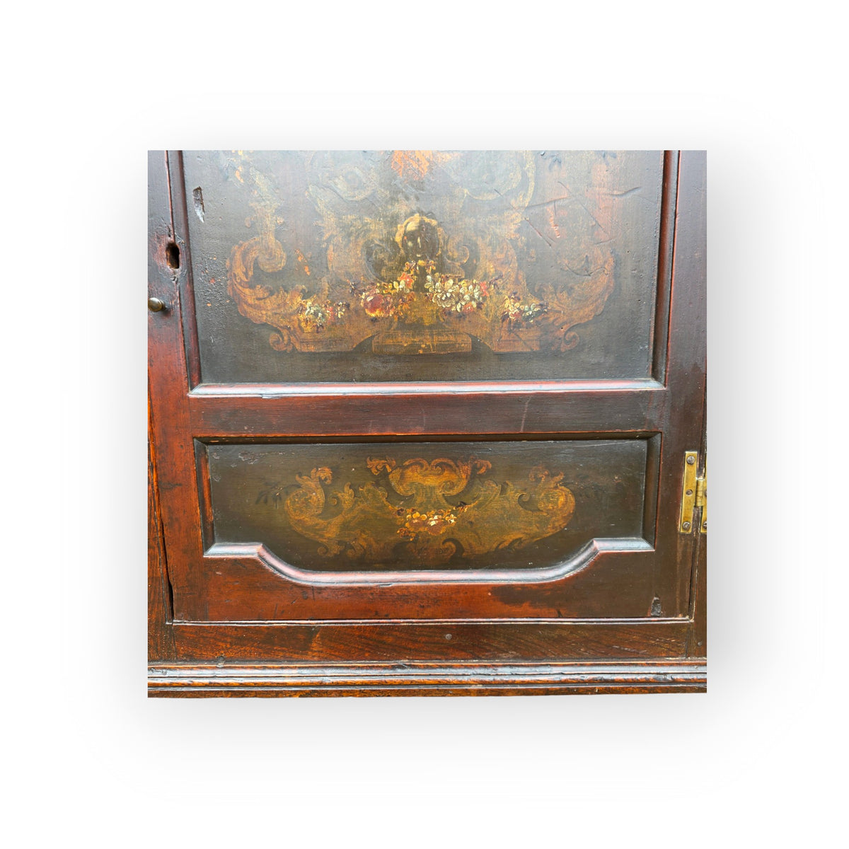 A Mid-18th-Century Welsh Antique Oak Hanging Corner Cupboard with Armorial Painted Door, c.1750–1770, The Armorial Panel Representing The Bulkeleys of Anglesey & The Williams Family of North Wales
