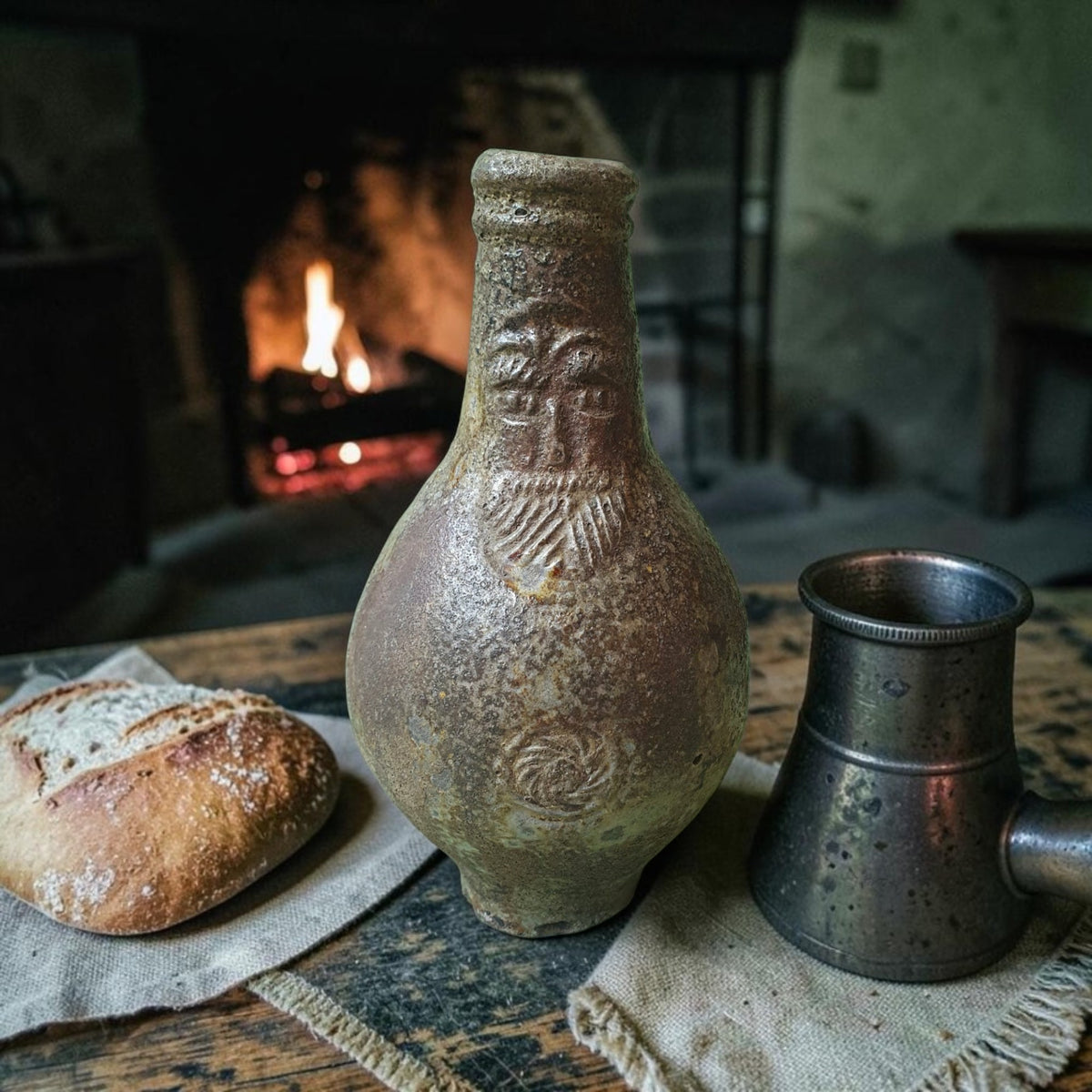 A 17thC German Antique Bellarmine Stoneware Jug, Frechen, Circa 1650