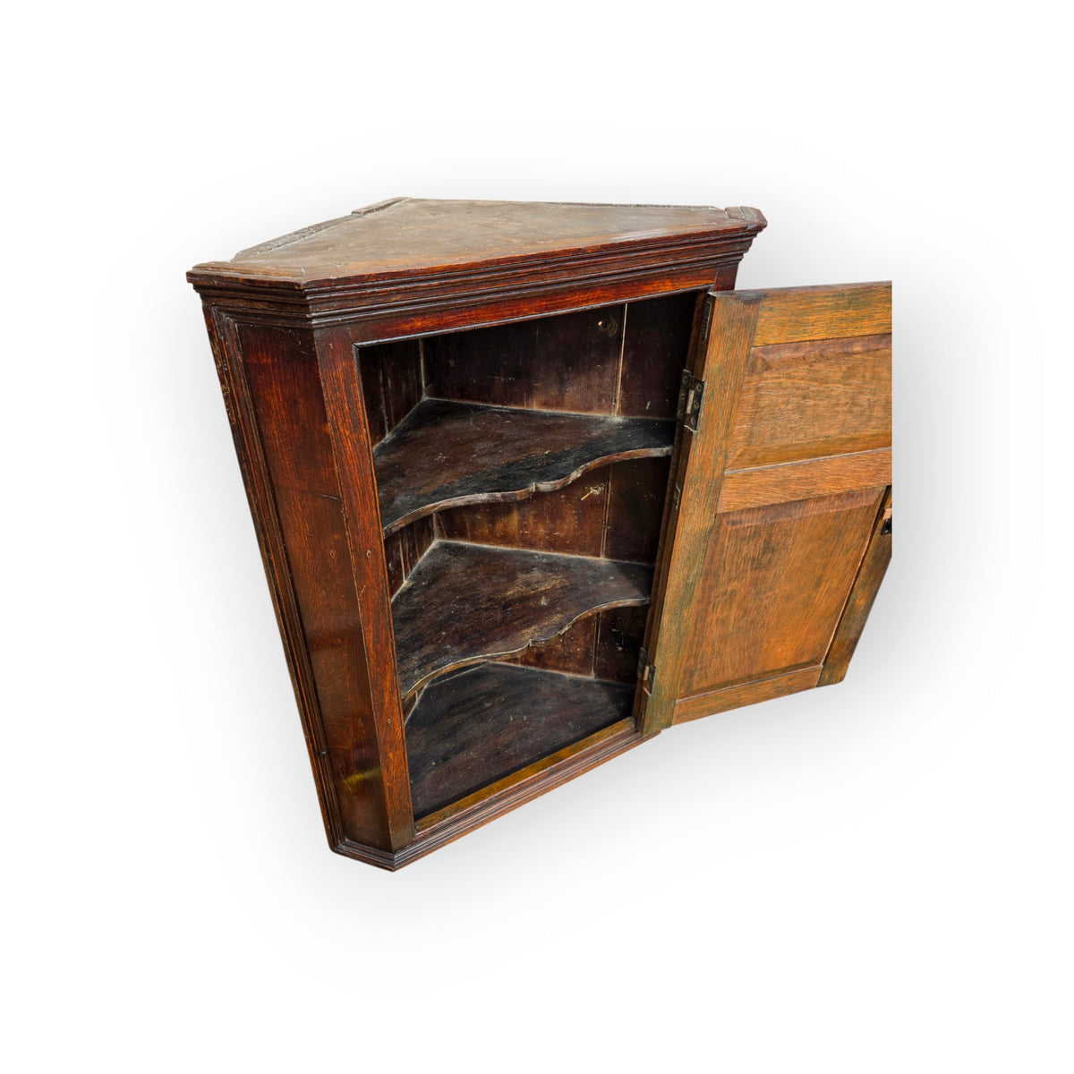 A Mid-18th-Century Welsh Antique Oak Hanging Corner Cupboard with Armorial Painted Door, c.1750–1770, The Armorial Panel Representing The Bulkeleys of Anglesey & The Williams Family of North Wales