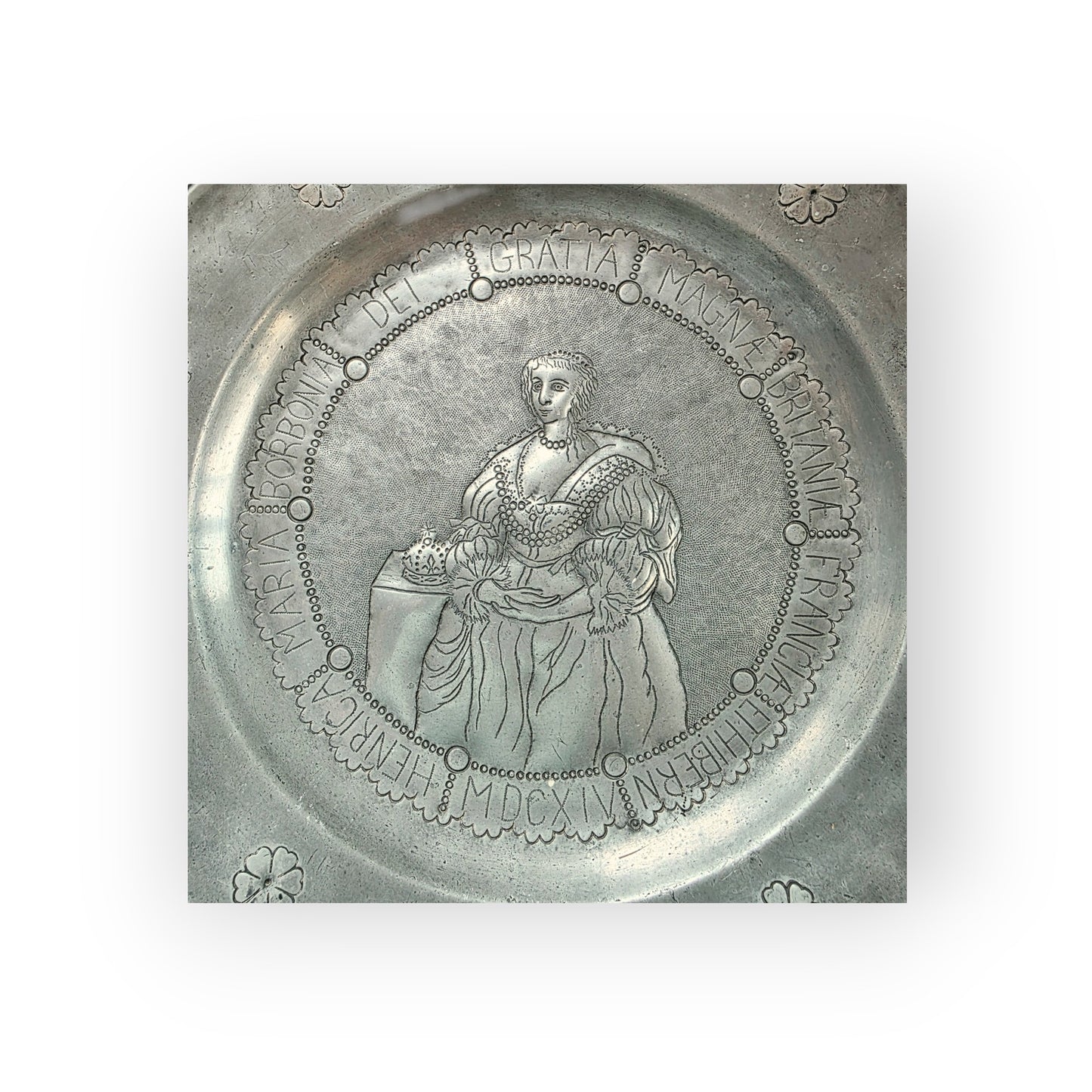 Rare Pair of 17th-Century Antique Pewter Chargers Depicting King Charles I & Henrietta Maria