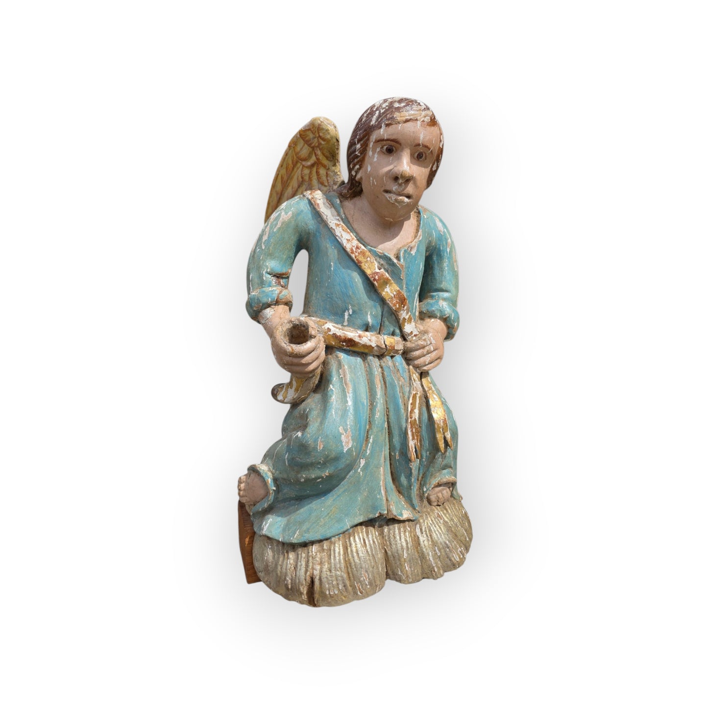 Early 18th Century Baroque Antique Carved Wooden Angel in Original Polychrome