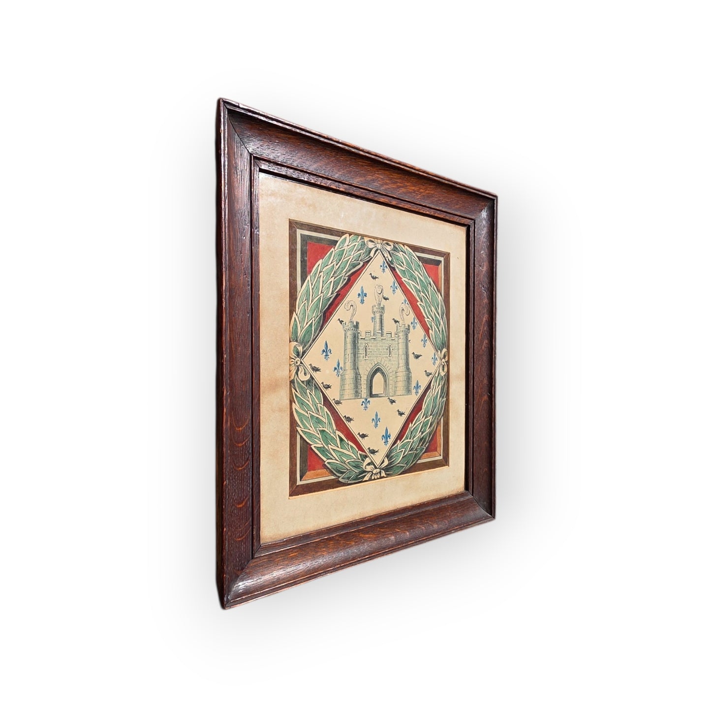 19th Century Antiquarian Heraldic Watercolour — Castle, Fleurs-de-Lis & Crows, Presented in an Oak Frame