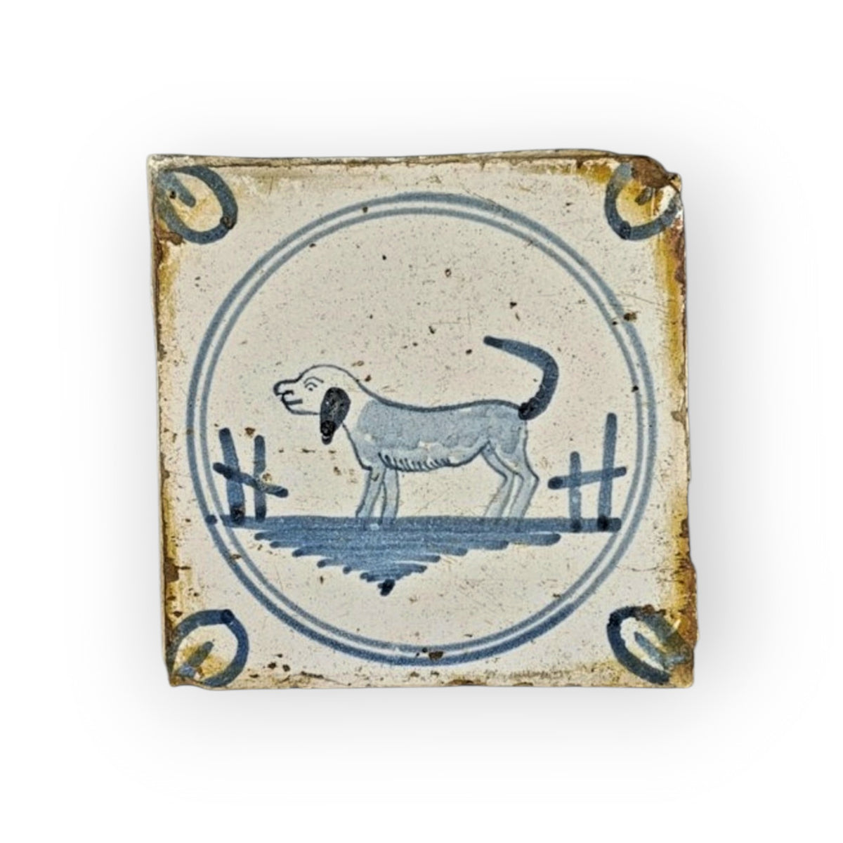 17th Century Naive Dutch Antique Delft Tile of a Hound c.1690