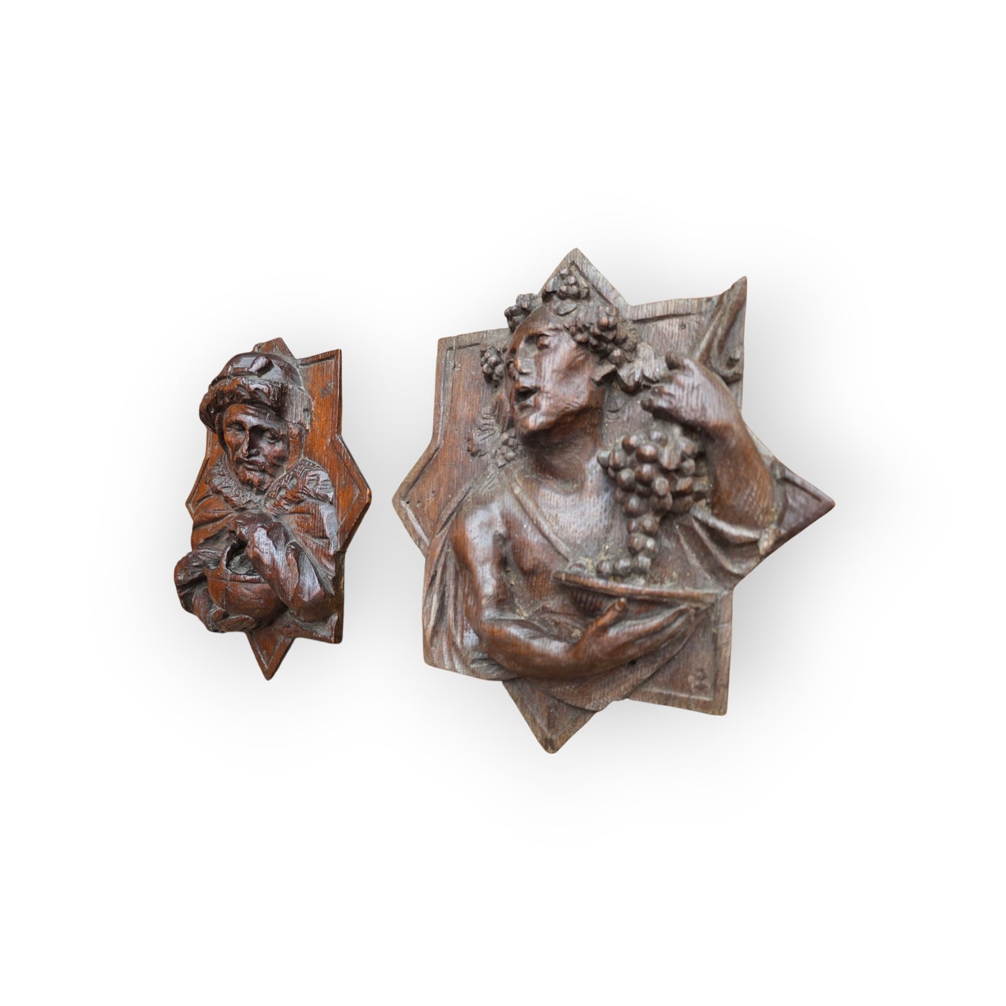 Pair of Mid 17th Century Flemish Antique Carved Oak Bosses / Panels Depicting Autumn & Winter