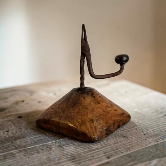 18th-Century Welsh Antique Iron Rushlight / Rushnip on Oak Base