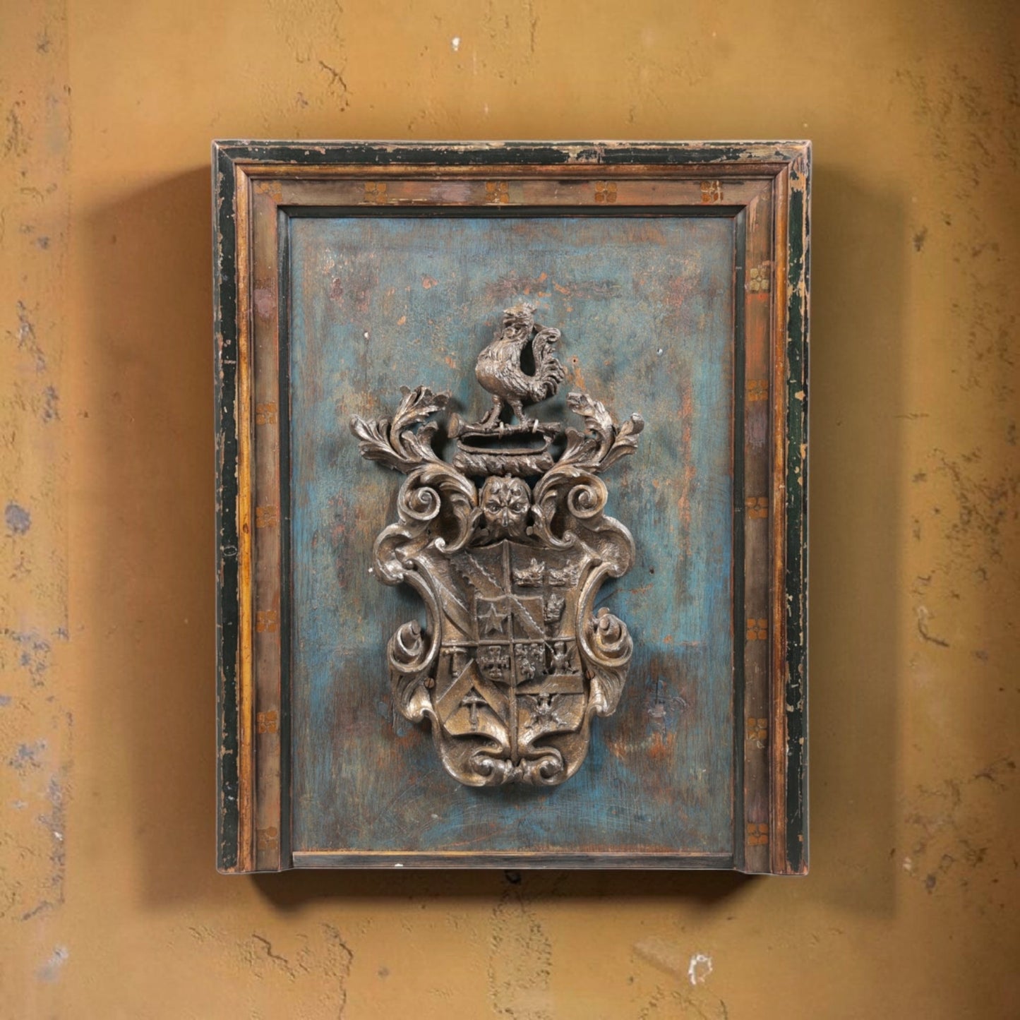 A Large 18th Century English Antique Gilt Lead Armorial Plaque / Coat of Arms