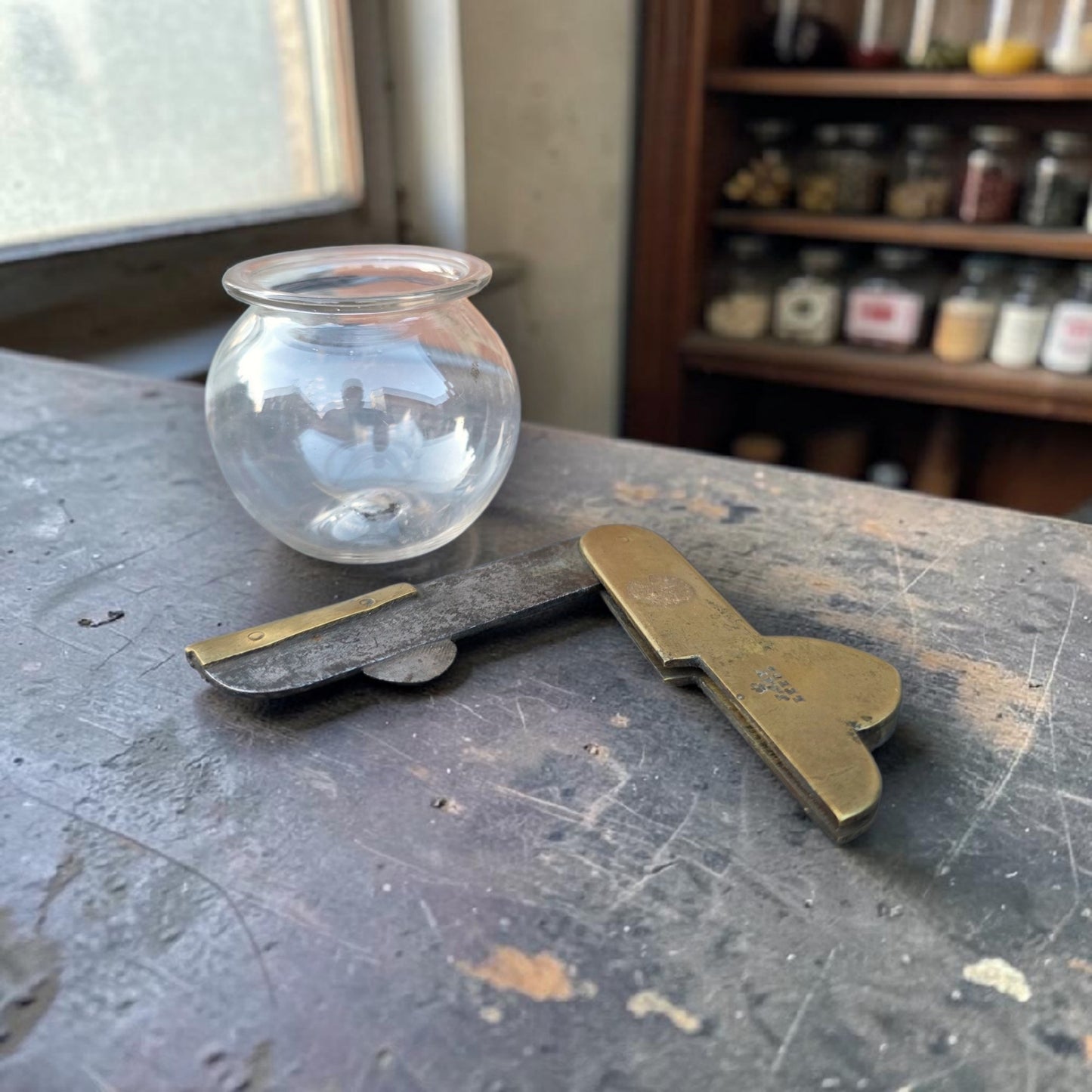 An 18th-Century Glass Bleeding Bowl Together with a Brass & Steel Fleam by J. Gay of Leeds — An Antique Barber-Surgeon's Phlebotomy Group
