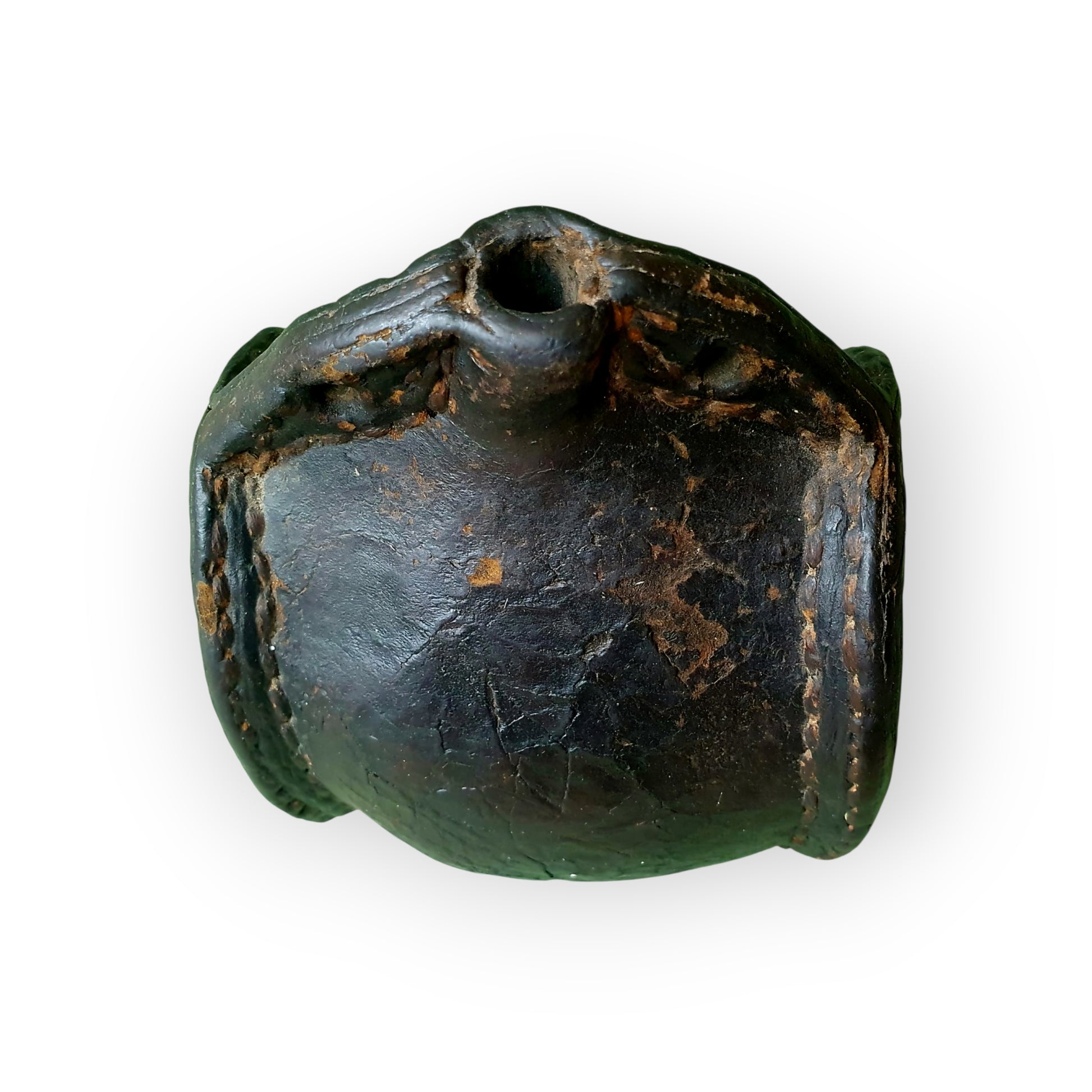 Top view of the leather costrel showing the neck opening and rounded shoulder and some surface wear.