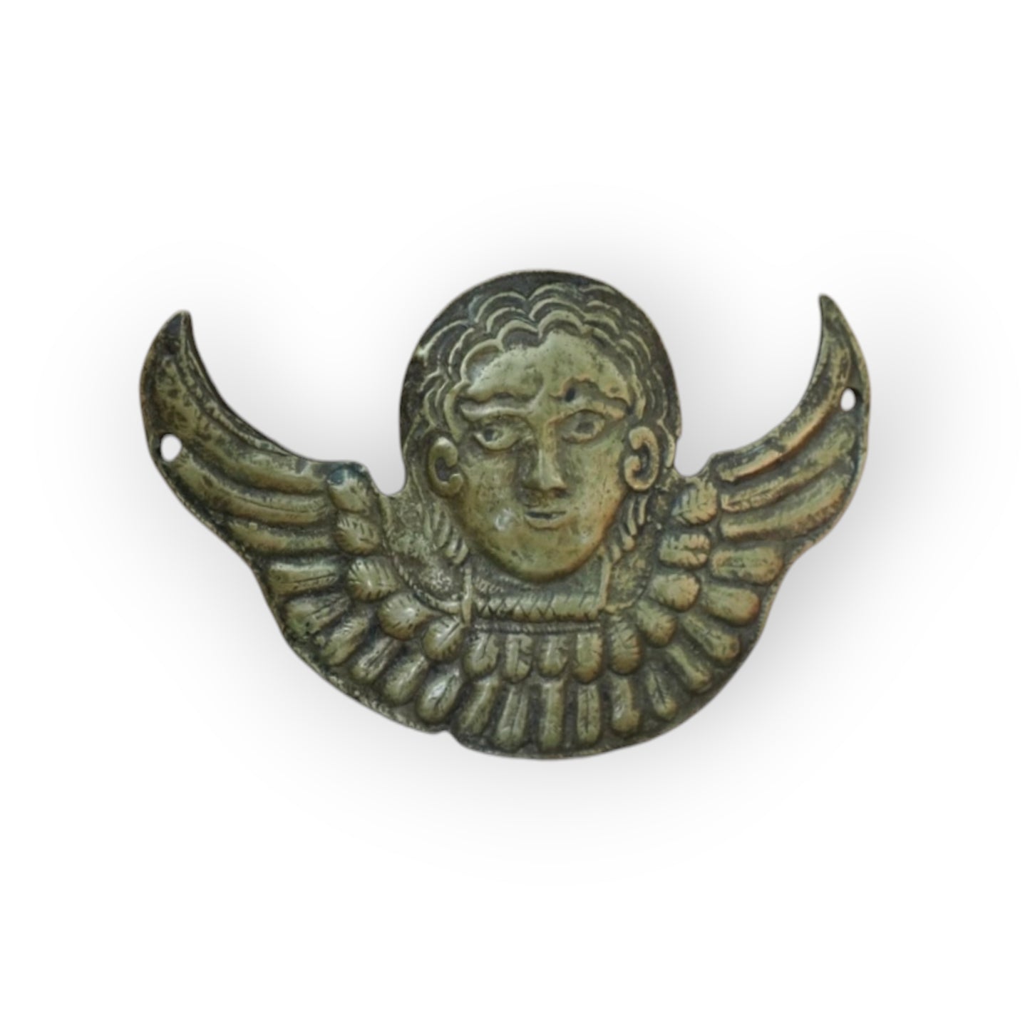 Renaissance cast brass winged cherub appliqué with outswept crescent wings and feathered collar, olive-green patina, Continental, 16th century.