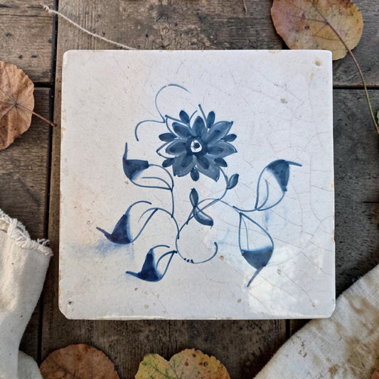 18thC Dutch Antique Delft Floral Tile – Attributed to Makkum, c.1750
