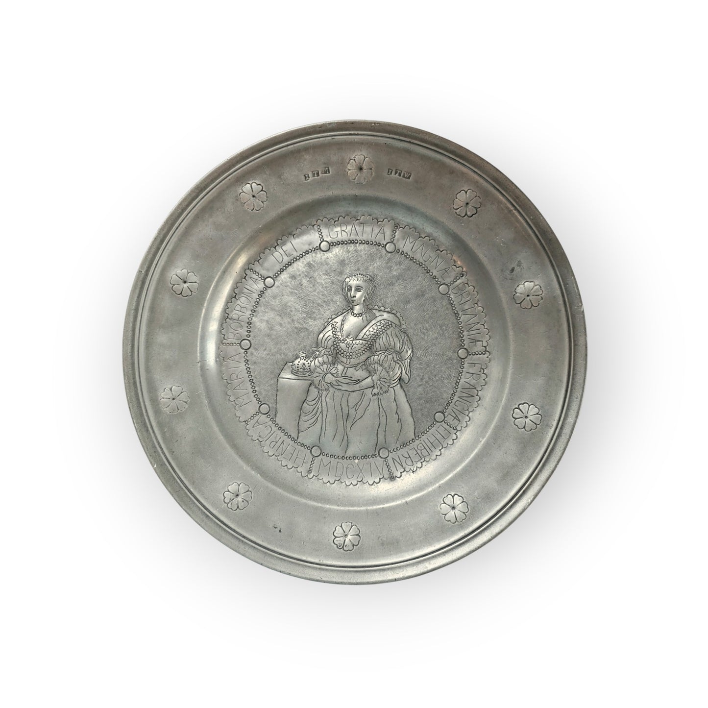 Rare Pair of 17th-Century Antique Pewter Chargers Depicting King Charles I & Henrietta Maria
