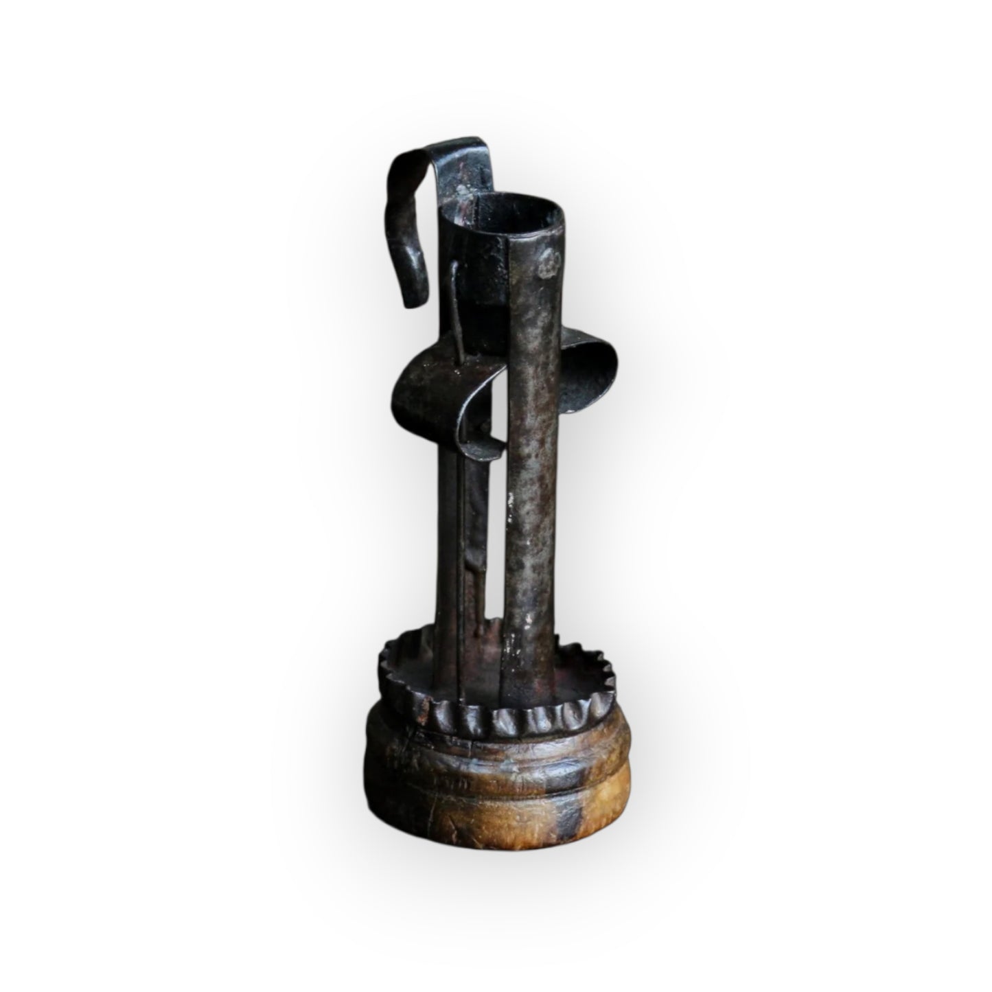 Unusual 18th-Century Antique Iron and Treen Hog-Scraper-Come-Stable-Come-Birdcage Candleholder, circa 1780