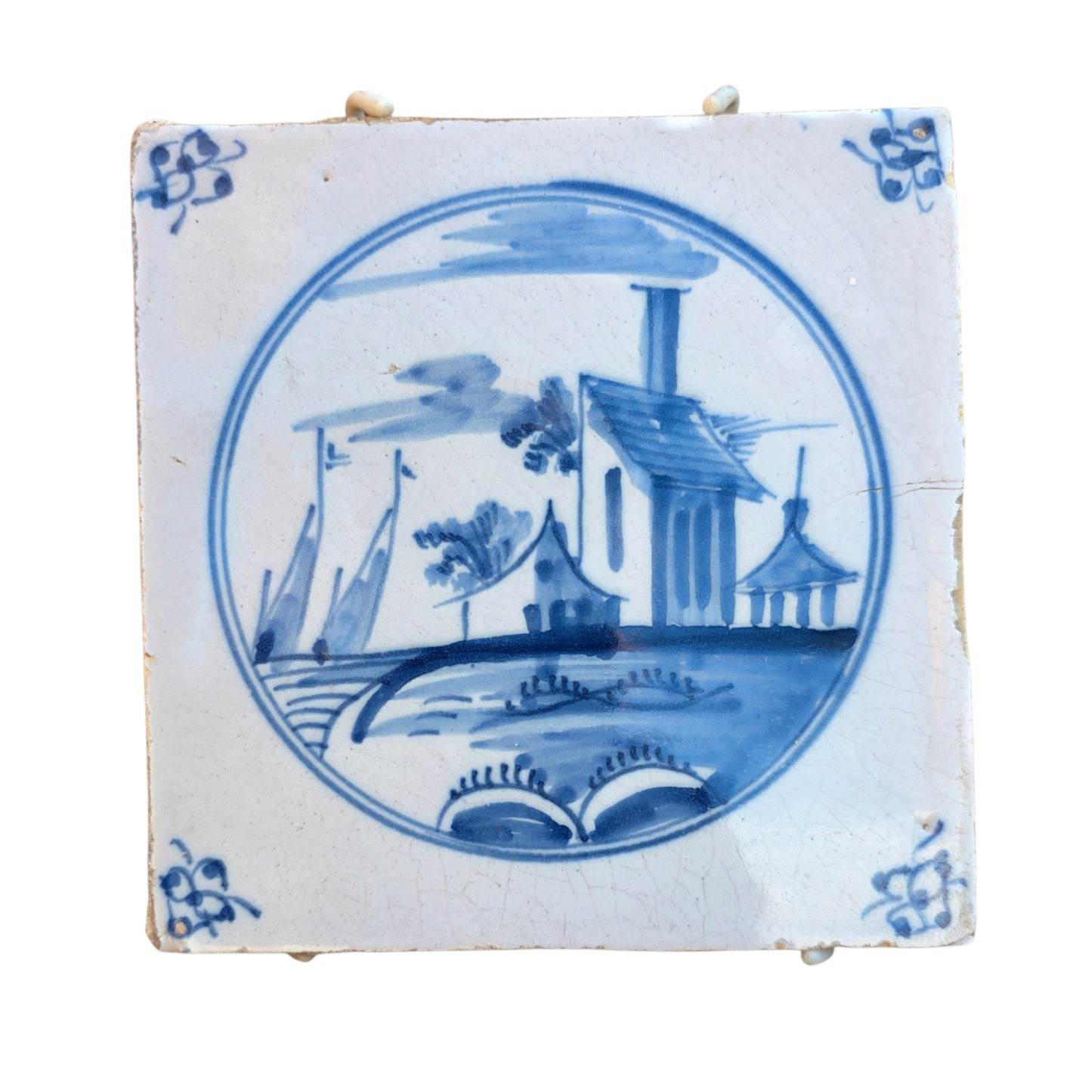 18th‑Century Dutch Antique Delft Blue Landscape Tile, circa 1740-1760