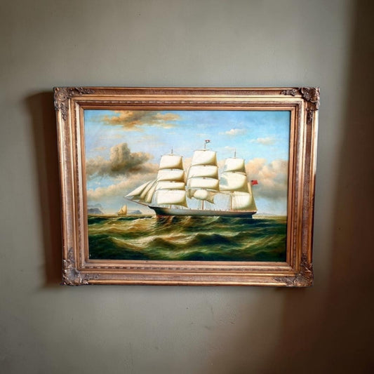 Large & Impressive 19th Century Style Oil on Canvas Painting of a Three-Masted Ship
