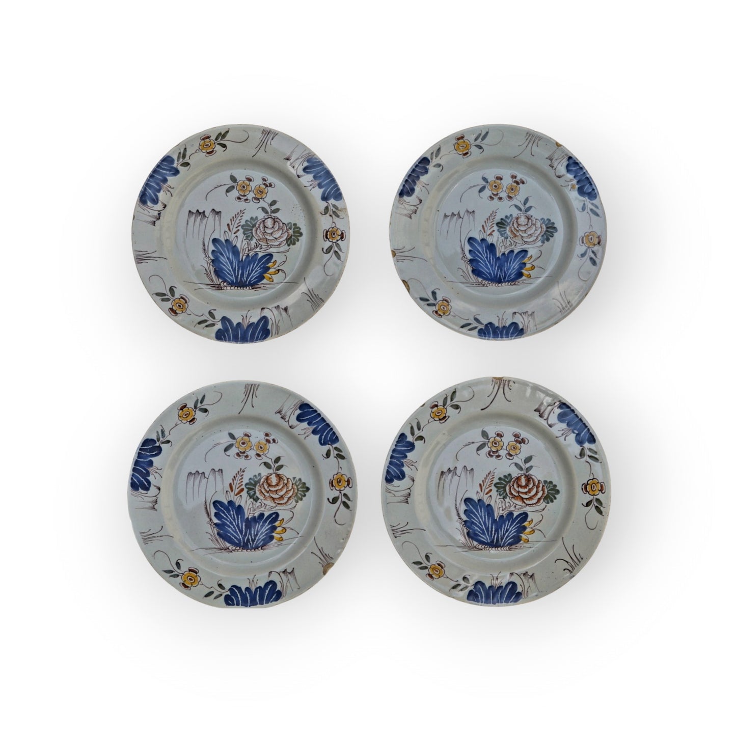 Rare Set of Four Mid 18th Century Antique Delft Plates, Liverpool, Fazackerley Palette, C.1760