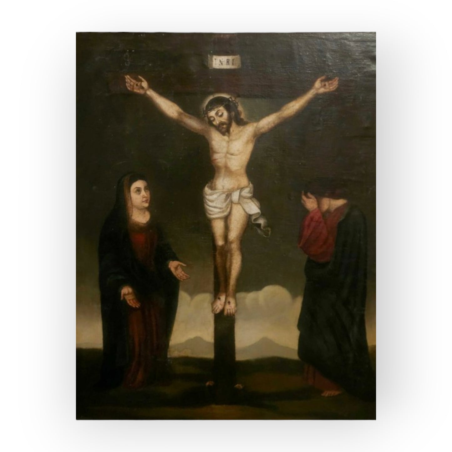 Large Late 17th/Early 18th-Century Spanish School Oil on Canvas, "The Crucifixion" — Christ on the Cross with the Virgin and Saint John