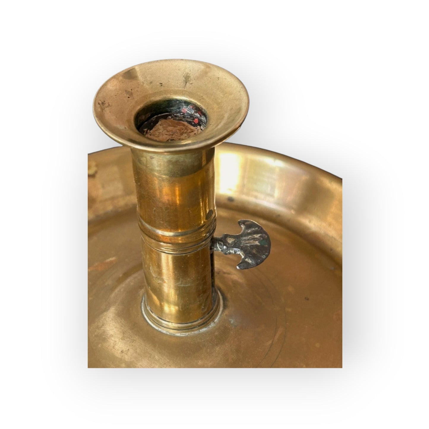Detail of candle socket with old wax residue and sliding ejector mechanism, late 18th century