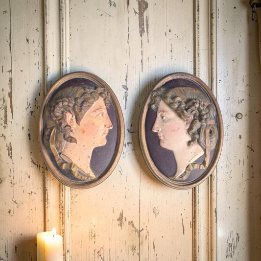 Pair of 19th Century "Grand Tour" Antique Polychrome Cast Iron Relief Plaques of Classical Maidens, Continental, Probably French, circa 1850-1875