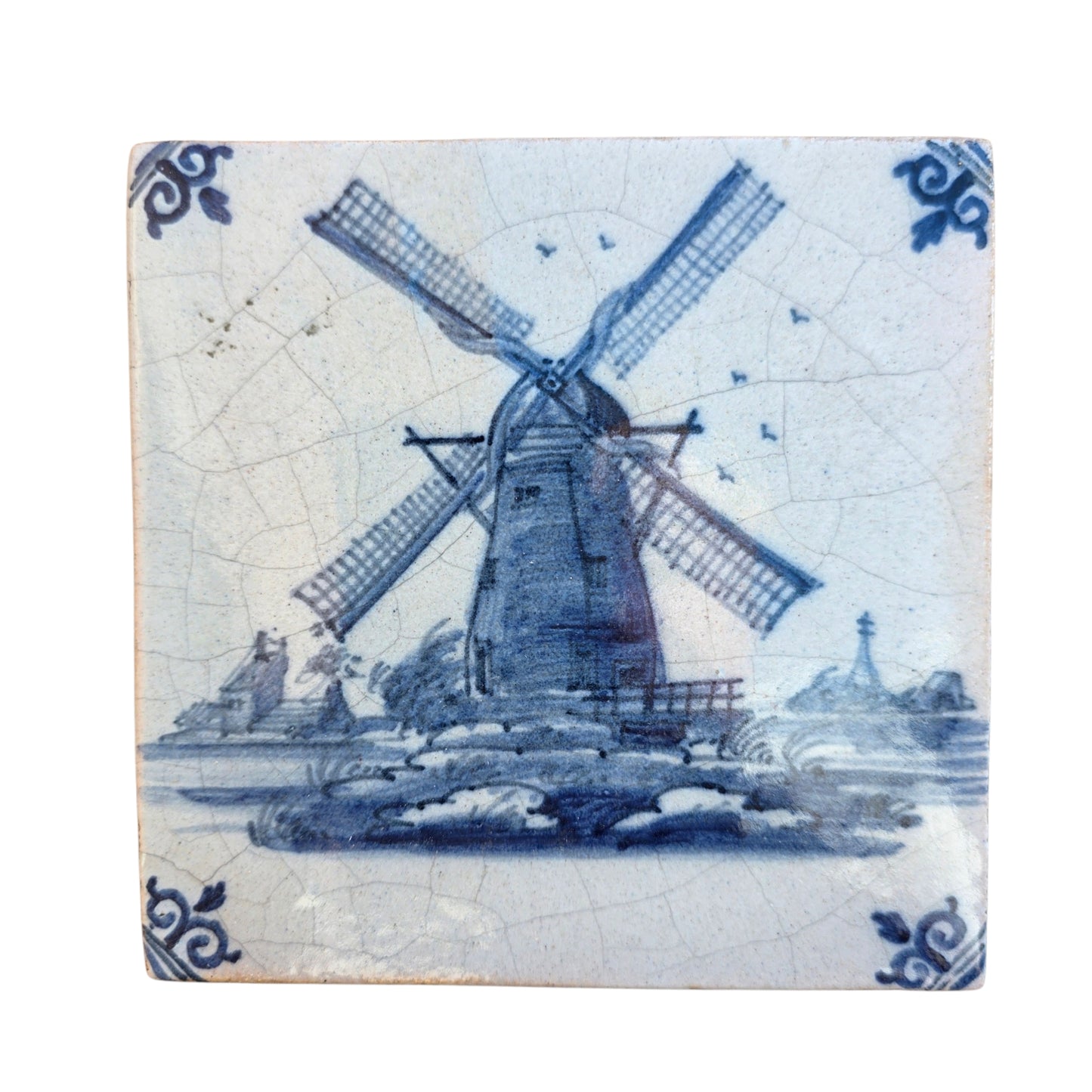 18th‑Century Dutch Antique Delft Windmill Tile, circa 1760-1780
