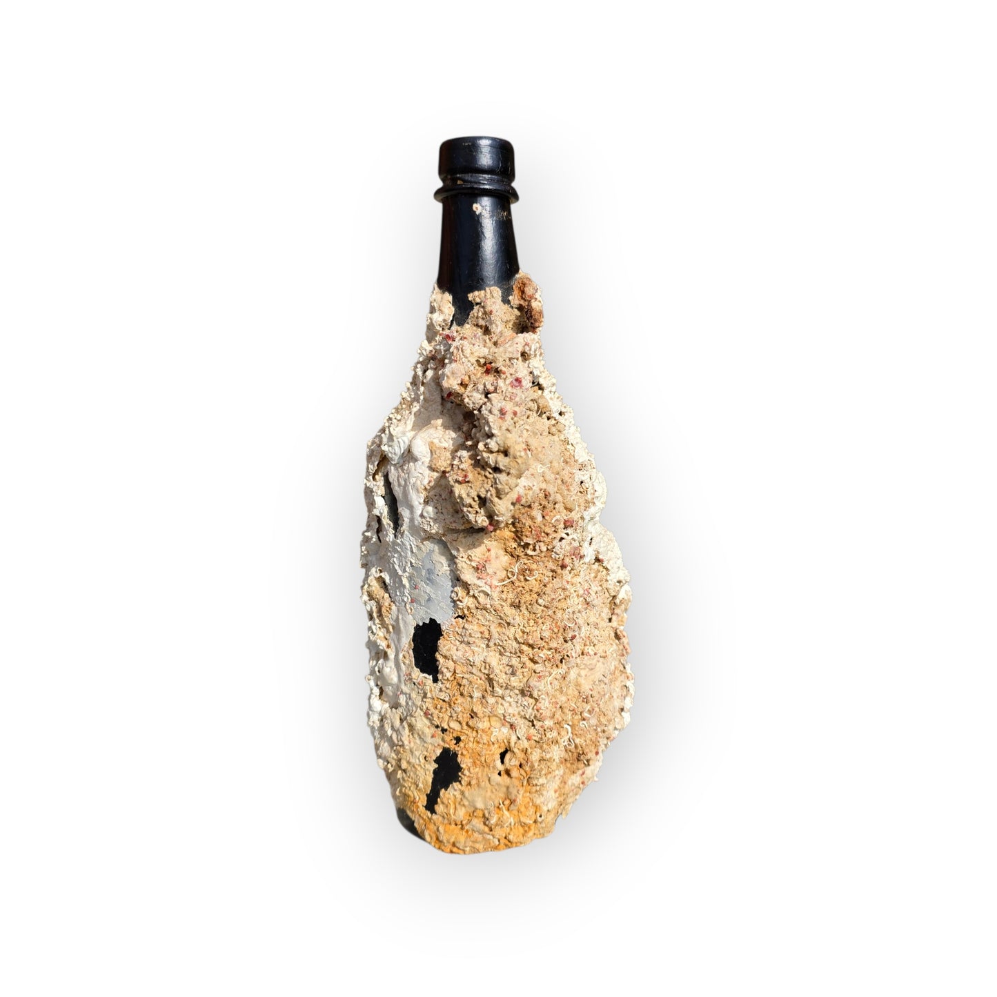 Shipwreck-Recovered English Antique Black Glass Cylinder Bottle with Marine Concretion, c.1840