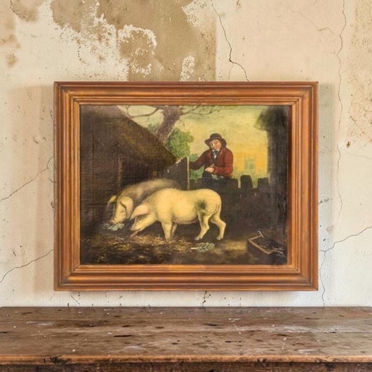 Follower of George Morland (1763-1804) - An Early 19th Century Primitive English School Antique Folk Art Oil on Canvas of Pigs in a Pigsty