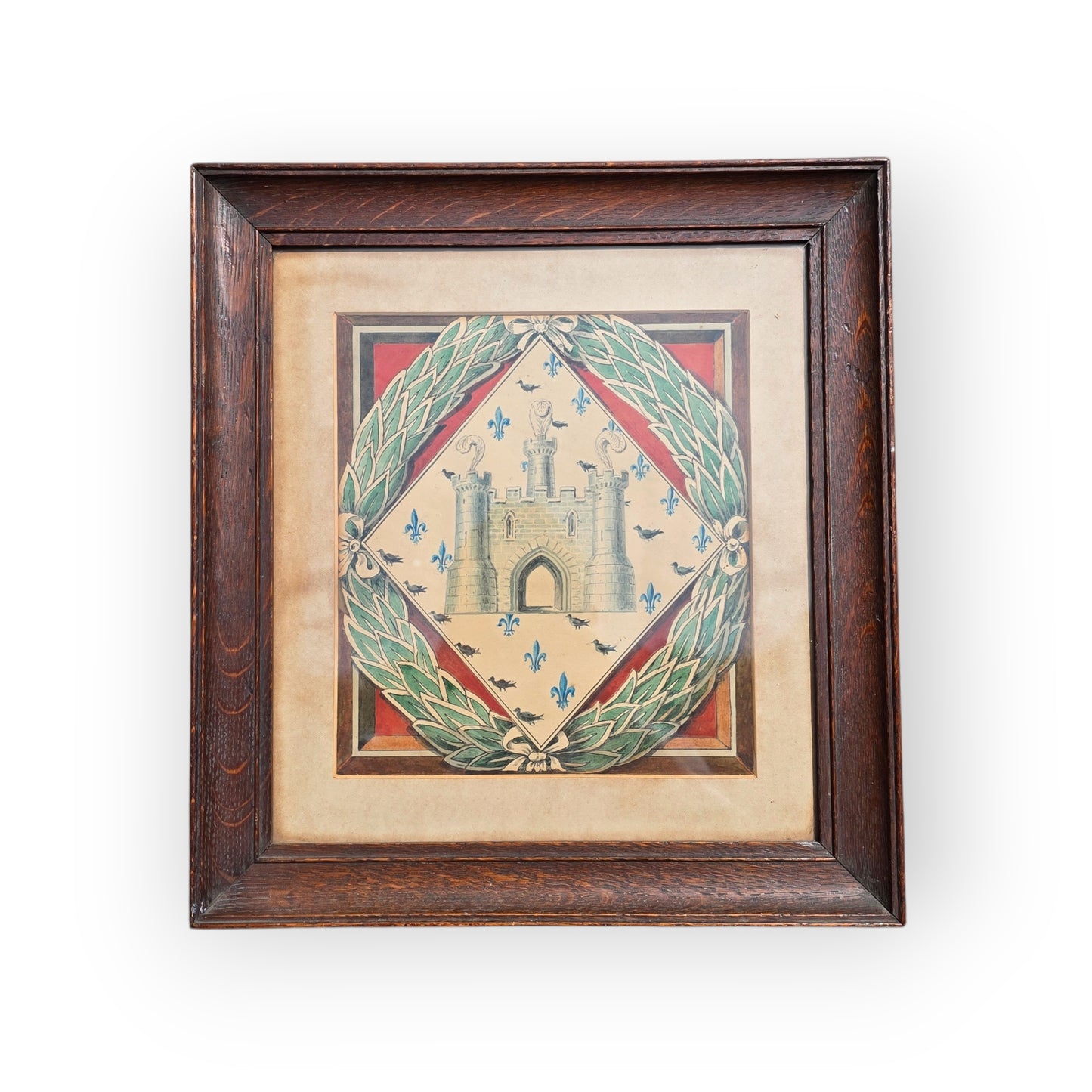 19th Century Antiquarian Heraldic Watercolour — Castle, Fleurs-de-Lis & Crows, Presented in an Oak Frame