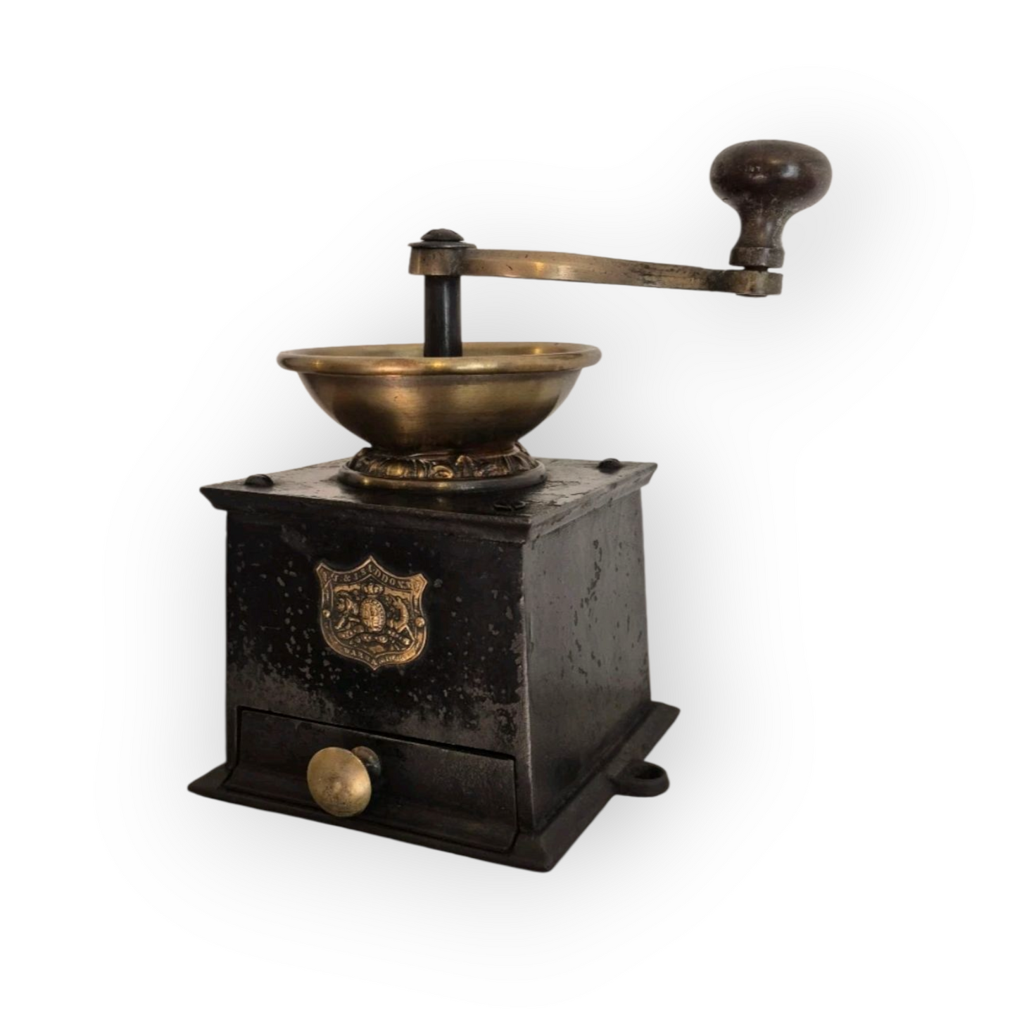 A Good Example Of A 19th-Century English Antique Cast Iron & Brass Coffee Grinder / Mill by J & J Siddons