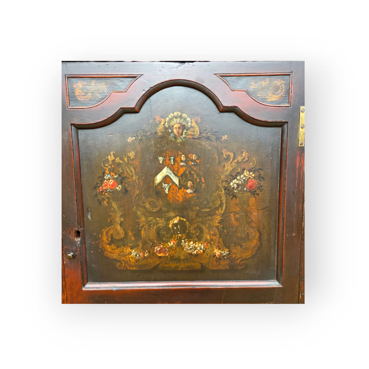A Mid-18th-Century Welsh Antique Oak Hanging Corner Cupboard with Armorial Painted Door, c.1750–1770, The Armorial Panel Representing The Bulkeleys of Anglesey & The Williams Family of North Wales