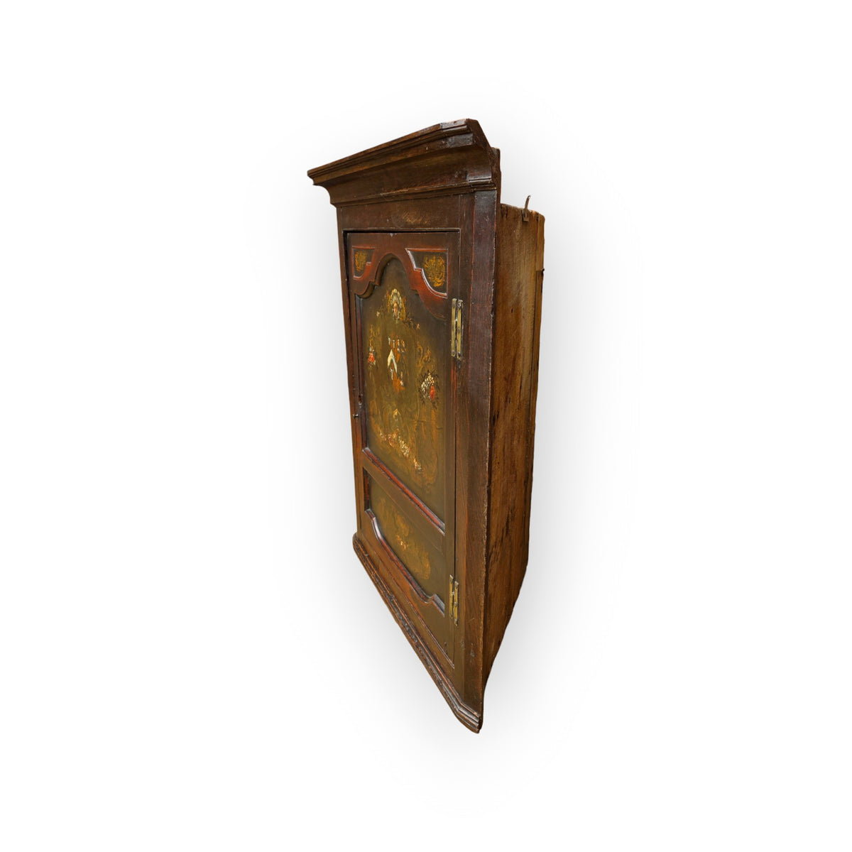A Mid-18th-Century Welsh Antique Oak Hanging Corner Cupboard with Armorial Painted Door, c.1750–1770, The Armorial Panel Representing The Bulkeleys of Anglesey & The Williams Family of North Wales